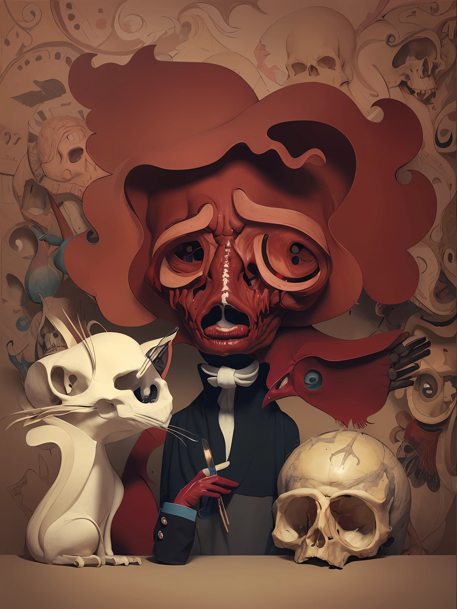 A painting of a woman with a cat and a skull, Edgar Allan Poe, in the style of zdzislaw beksinski, Edgar Allan Poe as the Raven, Style, , Lowbrow Art, Style, Surrealism pop style Art Style, zdzislaw beksinski Supersampled, Lowbrow Surrealism pop