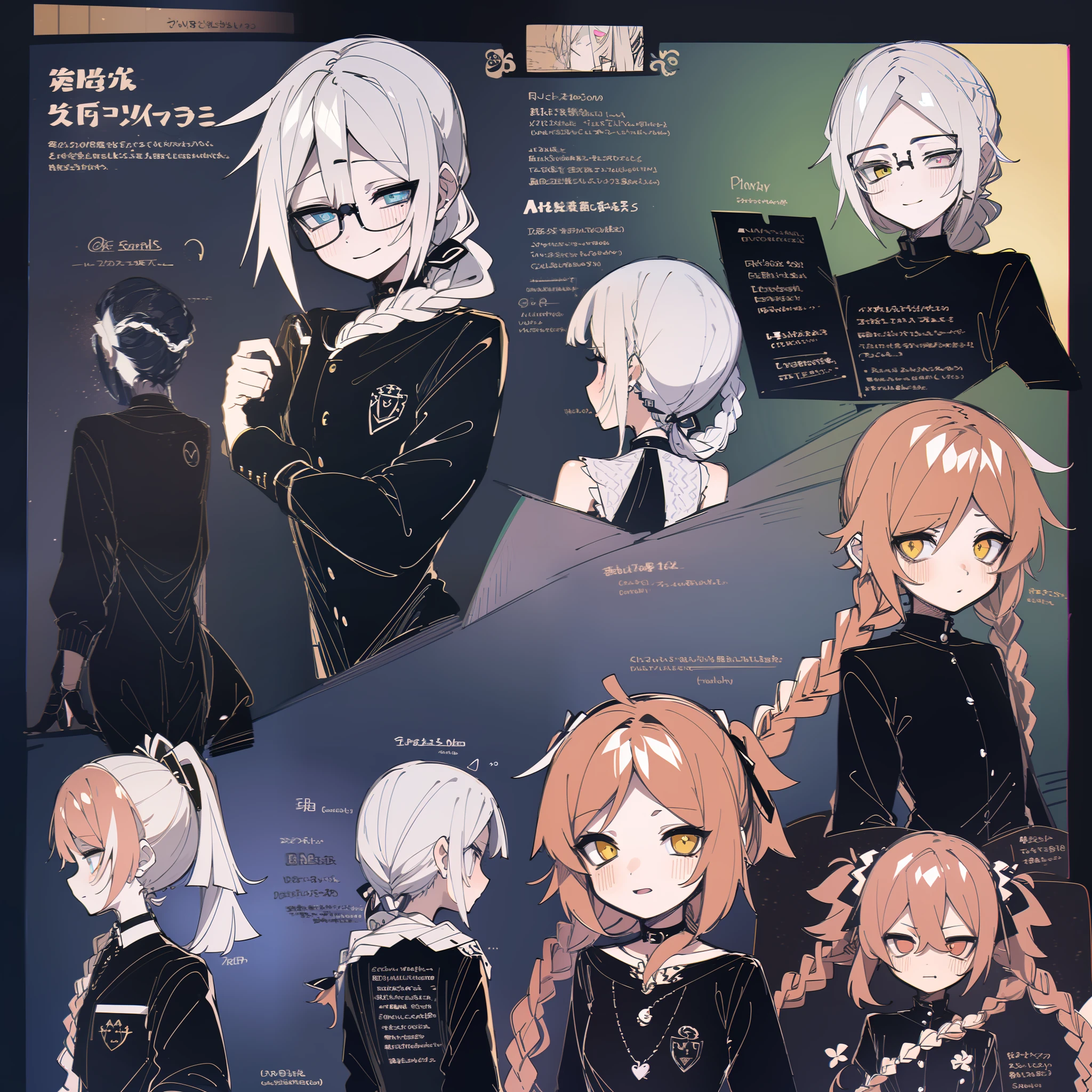 (character design sheet, (((same character))), front, side, back), 2d anime style, anime moe art style, 1 person, genderless, pink hair, long bangs, a slender twisted braid, golden eyes, glowing eyes, no clothes, black limbs, cute art style, anime style illustration, by Kamagurka, in pixiv, pixiv style, pixiv, in anime style, anime art style, full body commission