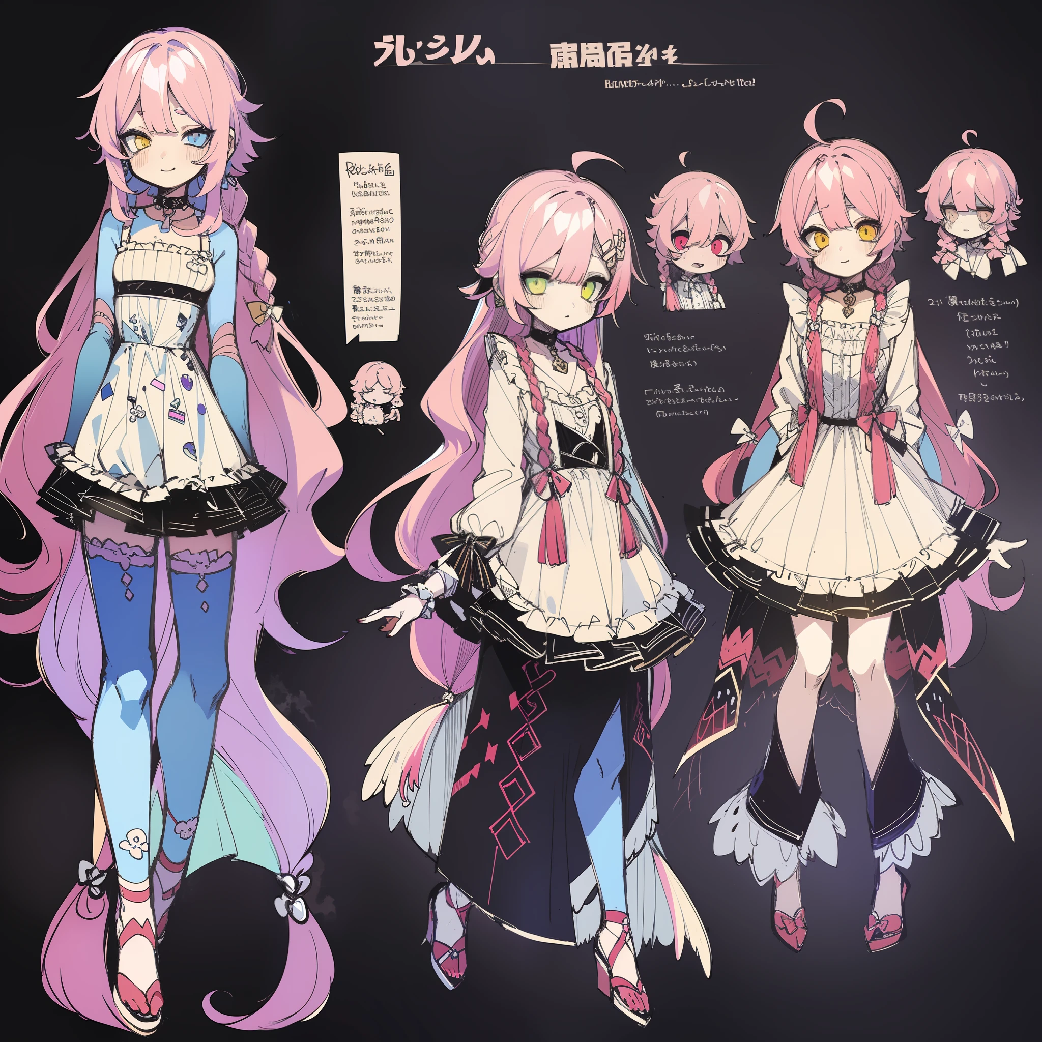 (character design sheet, (((same character))), front, side, back), 2d anime style, anime moe art style, 1 person, genderless, pink hair, long bangs, a slender twisted braid, golden eyes, glowing eyes, no clothes, black limbs, cute art style, anime style illustration, by Kamagurka, in pixiv, pixiv style, pixiv, in anime style, anime art style, full body commission