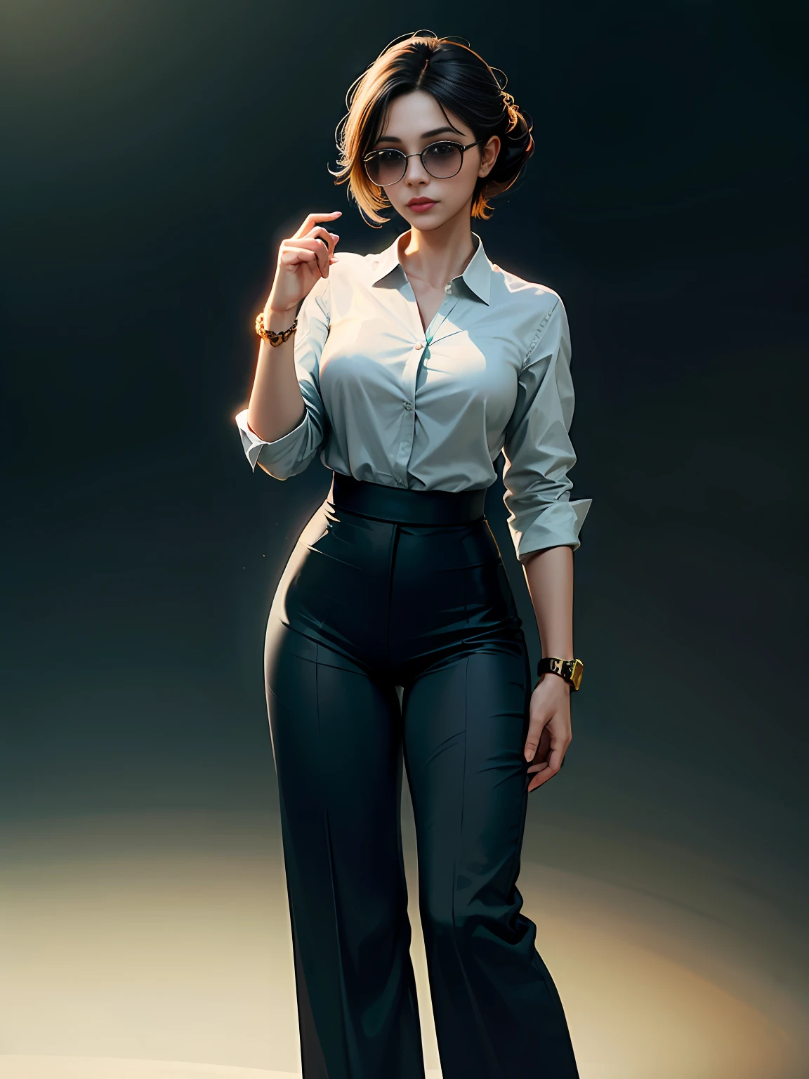 (Best Quality), (Masterpiece: 1.2), (Color: 0.1), ((Pixel)), Clear and Sharp Focus, (Pure Girl Portrait: 1.5), Chinese Girl, Cute Expression, Pop Hair Color Hair, Black Eyes, Elegant Hairstyle, Delicate Face and Eyes, Dream Background, Colorful Watercolor, Black High Waist Wide Leg Pants with White Slim Shirt.
Accessories: Simple gold-tone watch and large sunglasses.
