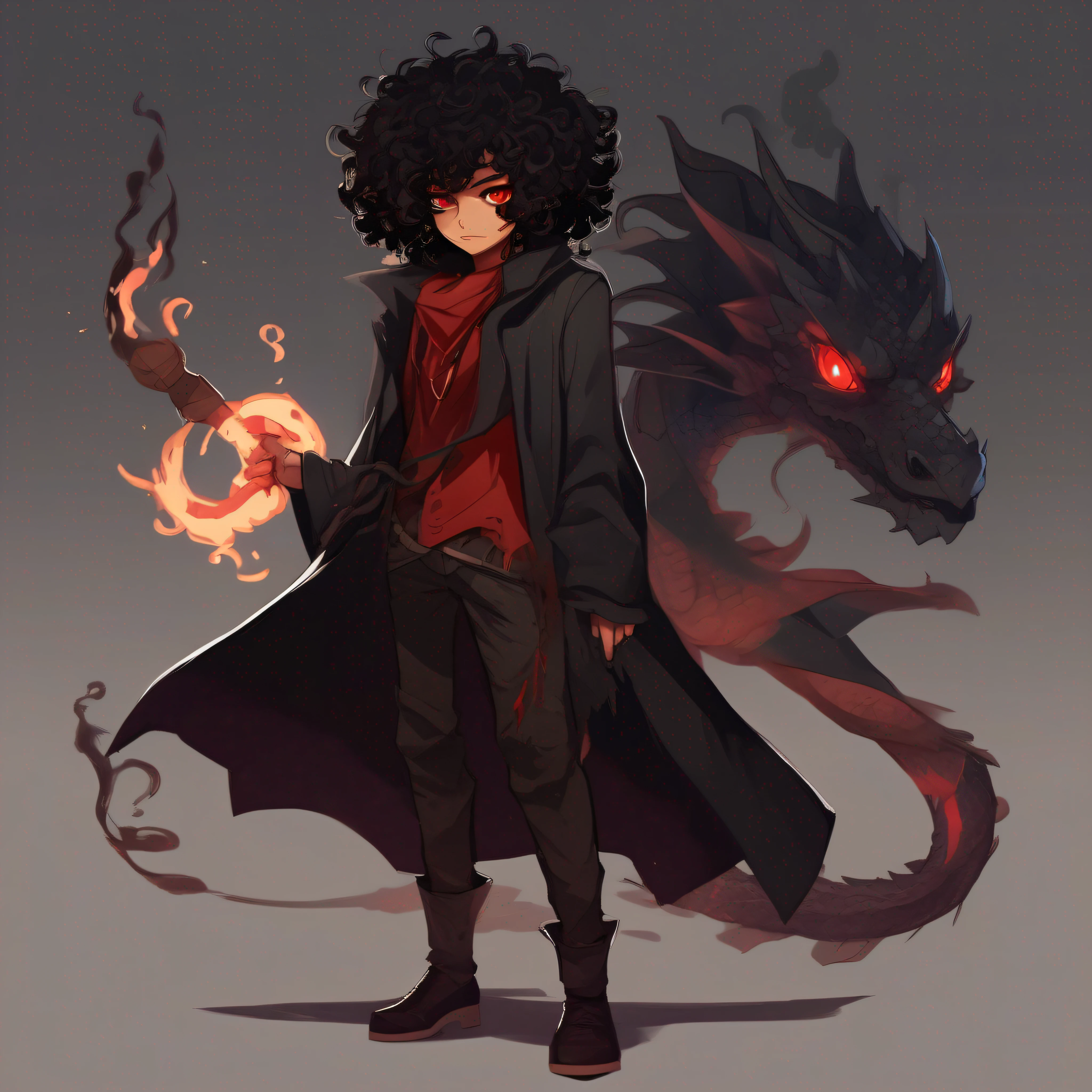 Anime character, black curly hair, pulled eye, brown skin, dragon tattoos on arms, scar on left eye, red eyes, magic staff on left hand, black overcoat, full body, animation, 2D art, digital ART, anime style, high quality