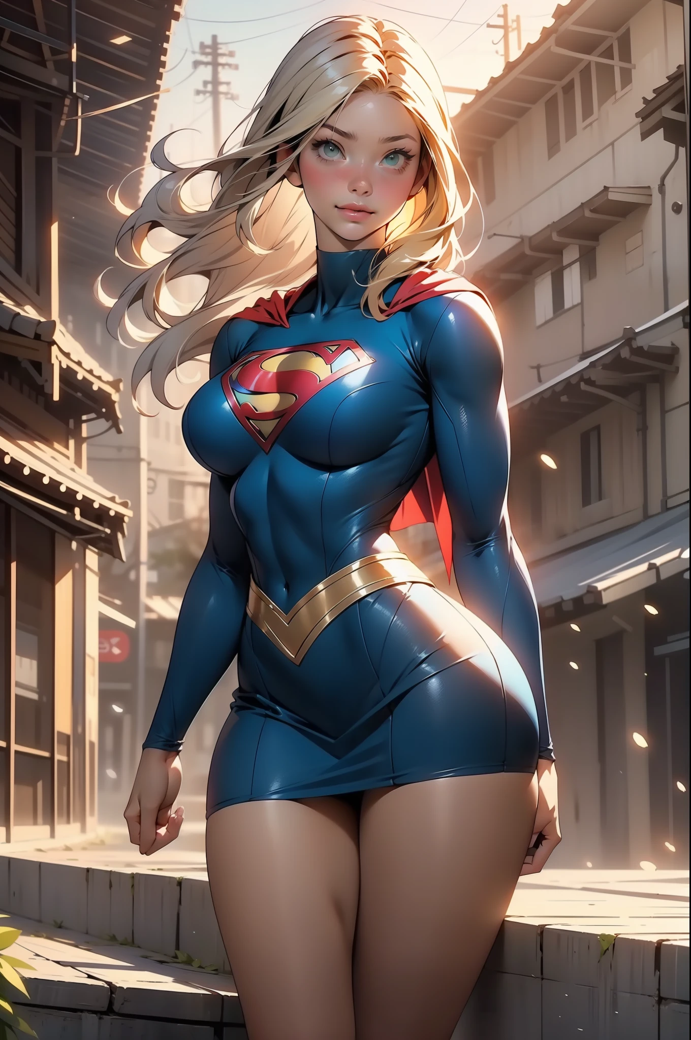 nsfw: 1.5, masterpiece, best quality, high quality, high definition, high quality textures, high quality shadows, high definition, beautiful detail, highly detailed CG, detailed textures, realistic representation of faces, realistic, colorful, delicate , cinematic lights, side lights, lens flares, ray tracing, sharp focus, supergirl, ((best quality, masterpiece, absurd, 8k)), 1 girl, solo, 21 years old,Supergirl(Helen Slater), huge breasts, huge breasts, back view;1.4,long hair down to her hips, long hair,low hair, voluminous hair, white skin tone, green eyes, sparkling expressive eyes, huge breasts, she is supergirl, Supergirl cosplay , japanese sailor school uniform female cosplay Supergirl, costume female school,stocking 7/8 ,superman suit, blushing, embarrassed expression, shy smile, building terrace, daytime, pretty, young woman, hands behind) (1girl, __focus__:1.3), (intricate details, makeup , PureErosFace_V1:0.5), (delicate beautiful face with details, Delicate eyes beautiful in details, perfect face proportions, dense skin, ideal proportion of four fingers and one thumb, arms under the chest, huge breasts, miniskirt,upskirt,wide hips, flat upper abdomen , thin, dressed, blonde: 1.3), bed, no hands