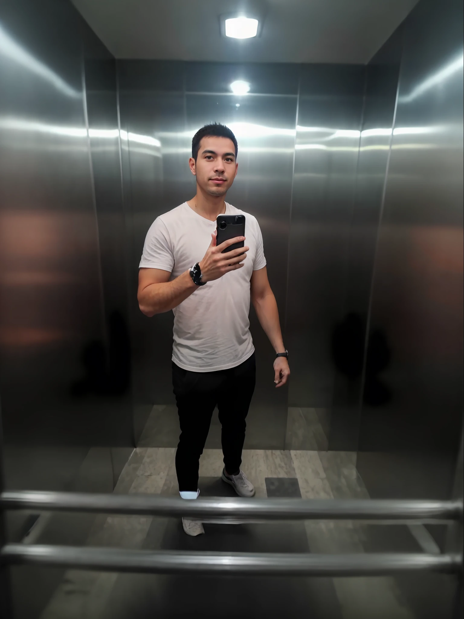 arafed man taking a selfie in an elevator with a cell phone, full body picture, fit pic, photo taken in 2 0 2 0, he is! about 3 0 years old, indoor picture, 1614572159, 3 2 years old, he is about 30 years old, he is about 3 0 years old