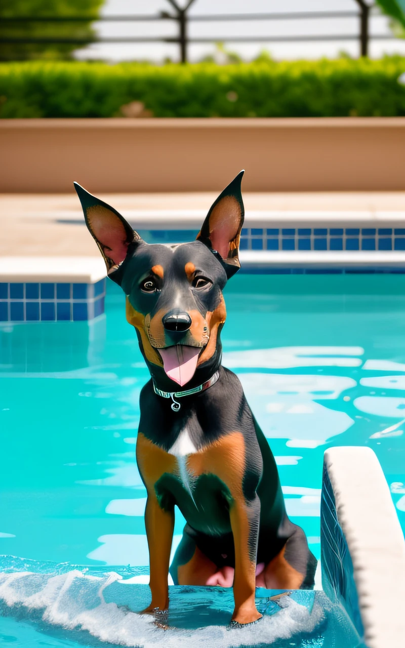 hyper Quality,Cute two Doberman Pinscher puppies,different body colors,swimming in the pool,smile,black eyes,barking,narrow eyes,smile,eos r3 28mm --auto