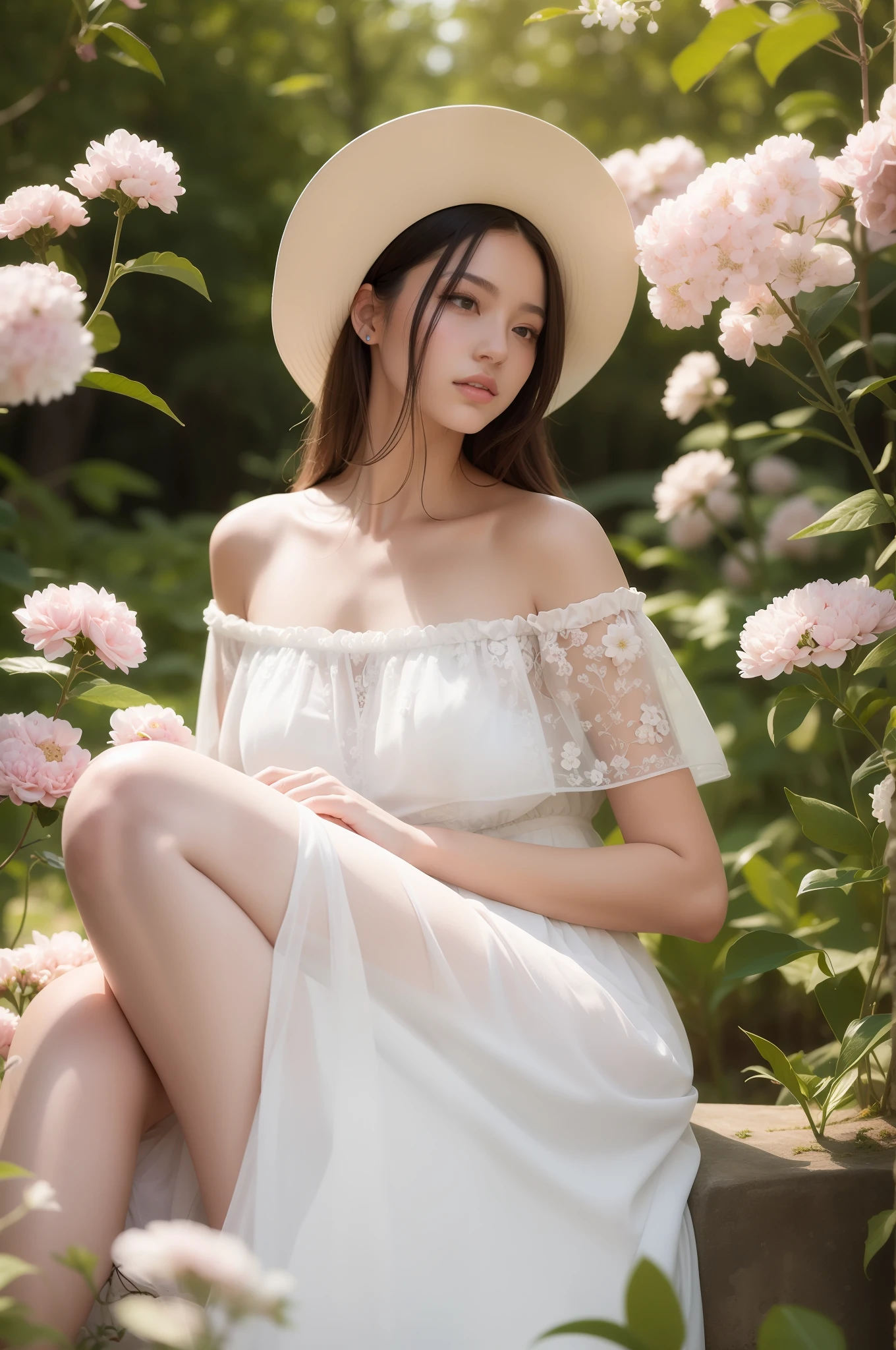 Best quality, masterpiece, ultra high res, (photorealistic:1.4), raw photo, 1girl, white dress, off shoulder, blossom flower field, glowing skin