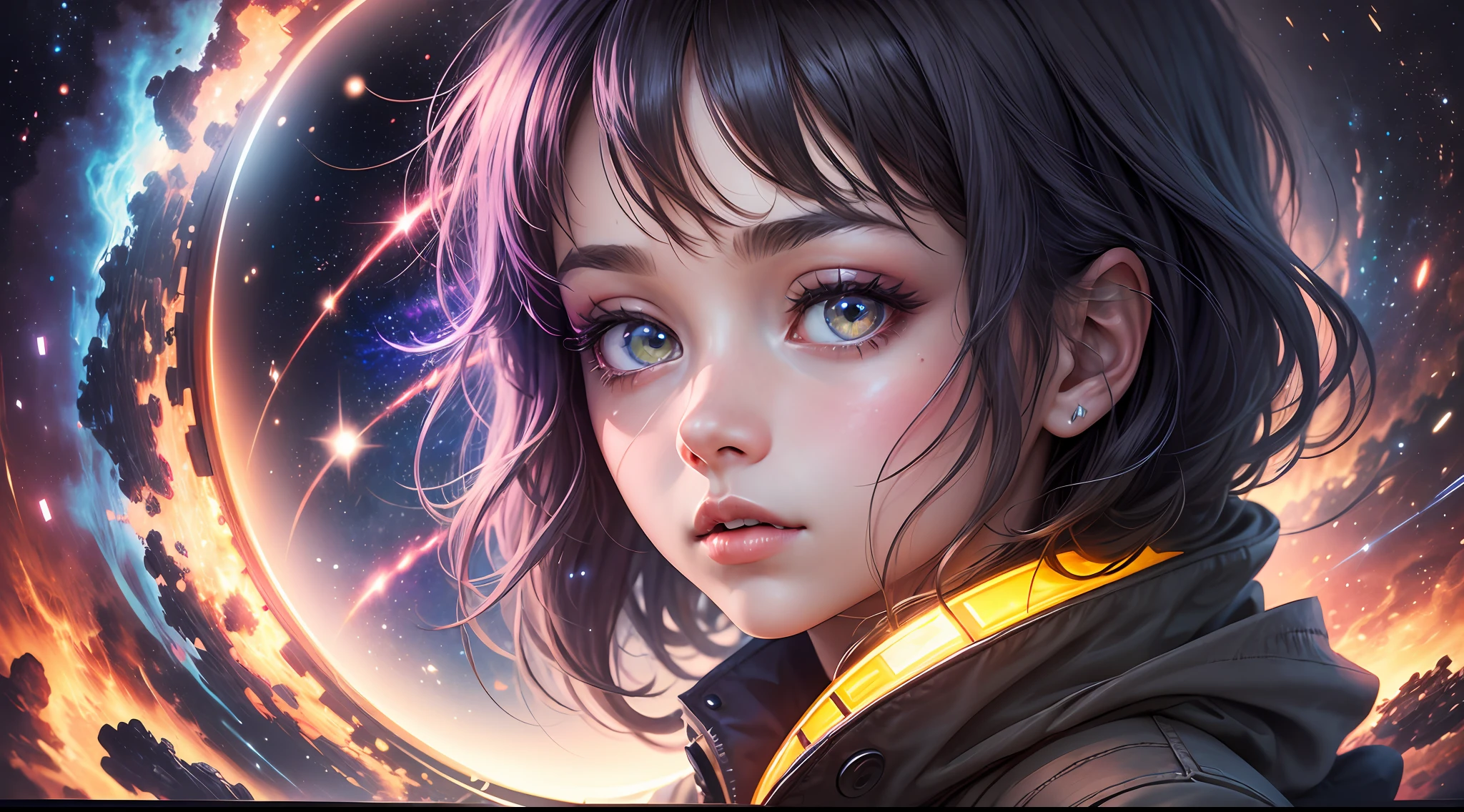 girl,radioactive glow,abstract art,character focus,eyes with reflection,starry sky,galaxies