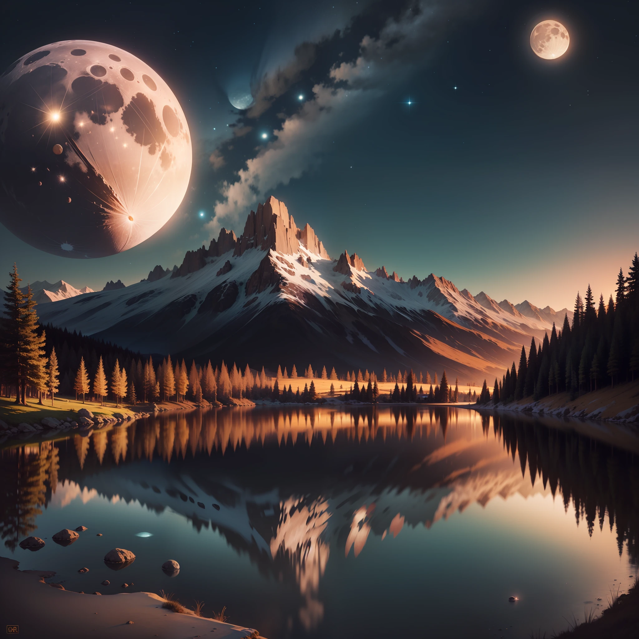 Very starry night. A giant moon behind the mountains. A tranquil lake reflecting the night. Realistic scene, detailed, photorealism, 8k