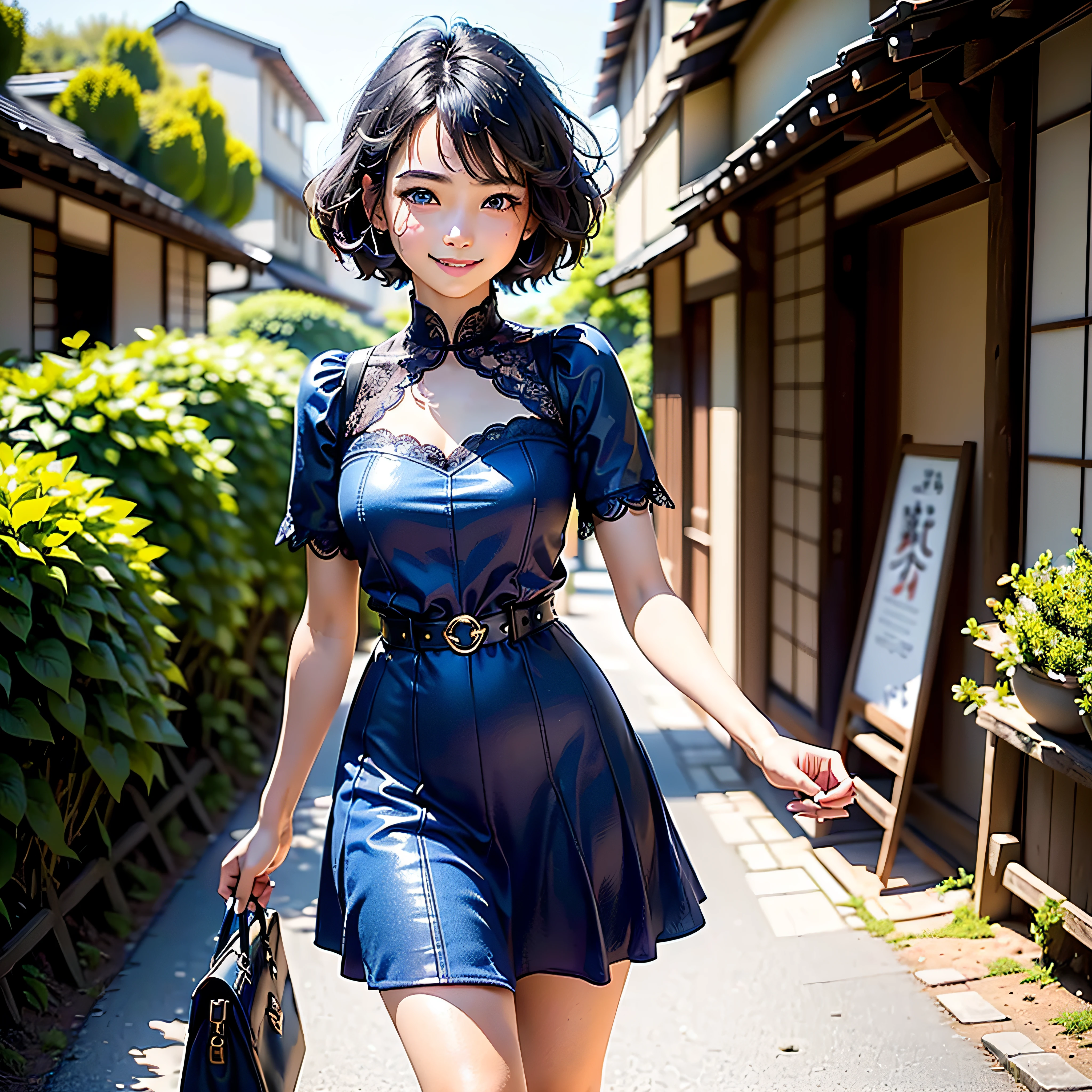 (masterpiece, highest quality, highest resolution, distinct_image, detailed detail, portrait): (Solo, lone girl, face is Japan, short cut, girl with black hair, (perfect body: 1.4), sparkling blue colored eyes, blue dress figure, very delicate and beautiful, detailed skin, slim body, happy smile, heroine, boots, front, facing the viewer) , Countryside