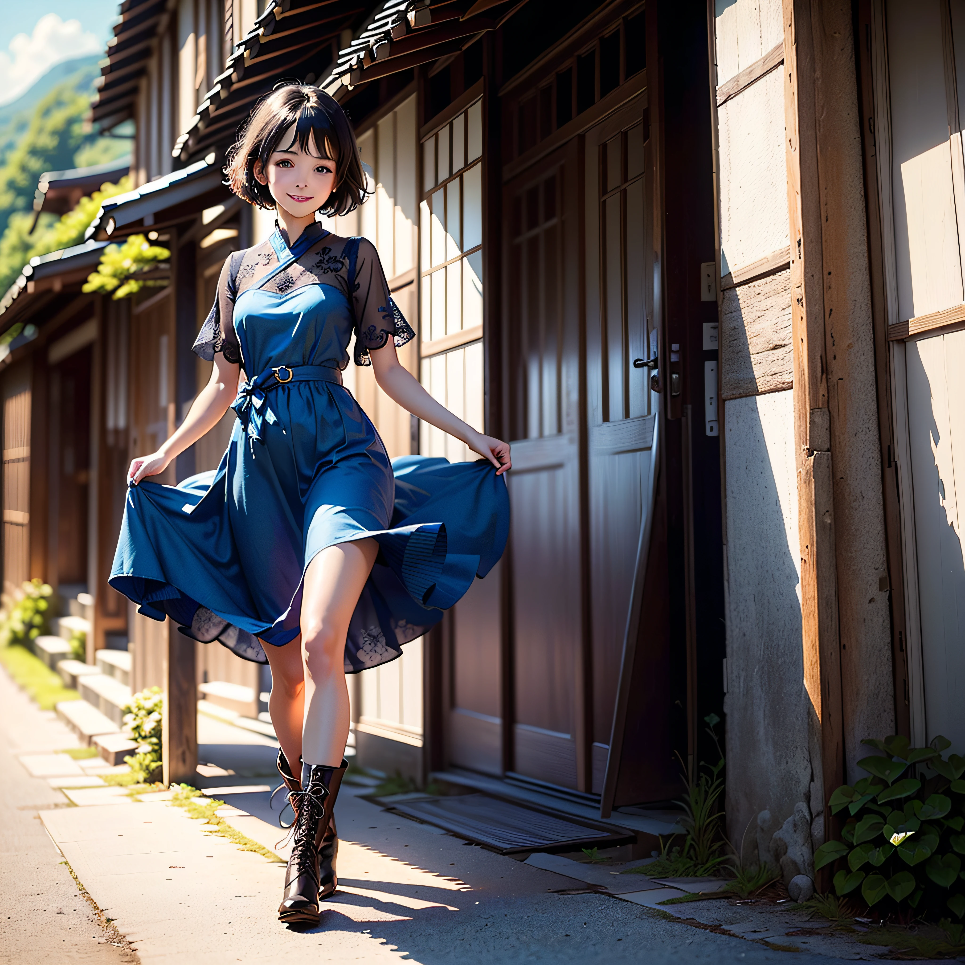 (masterpiece, highest quality, highest resolution, distinct_image, detailed detail, portrait): (Solo, lone girl, face is Japan, short cut, girl with black hair, (perfect body: 1.4), sparkling blue colored eyes, blue dress figure, very delicate and beautiful, detailed skin, slim body, happy smile, heroine, boots, front, facing the viewer) , Countryside