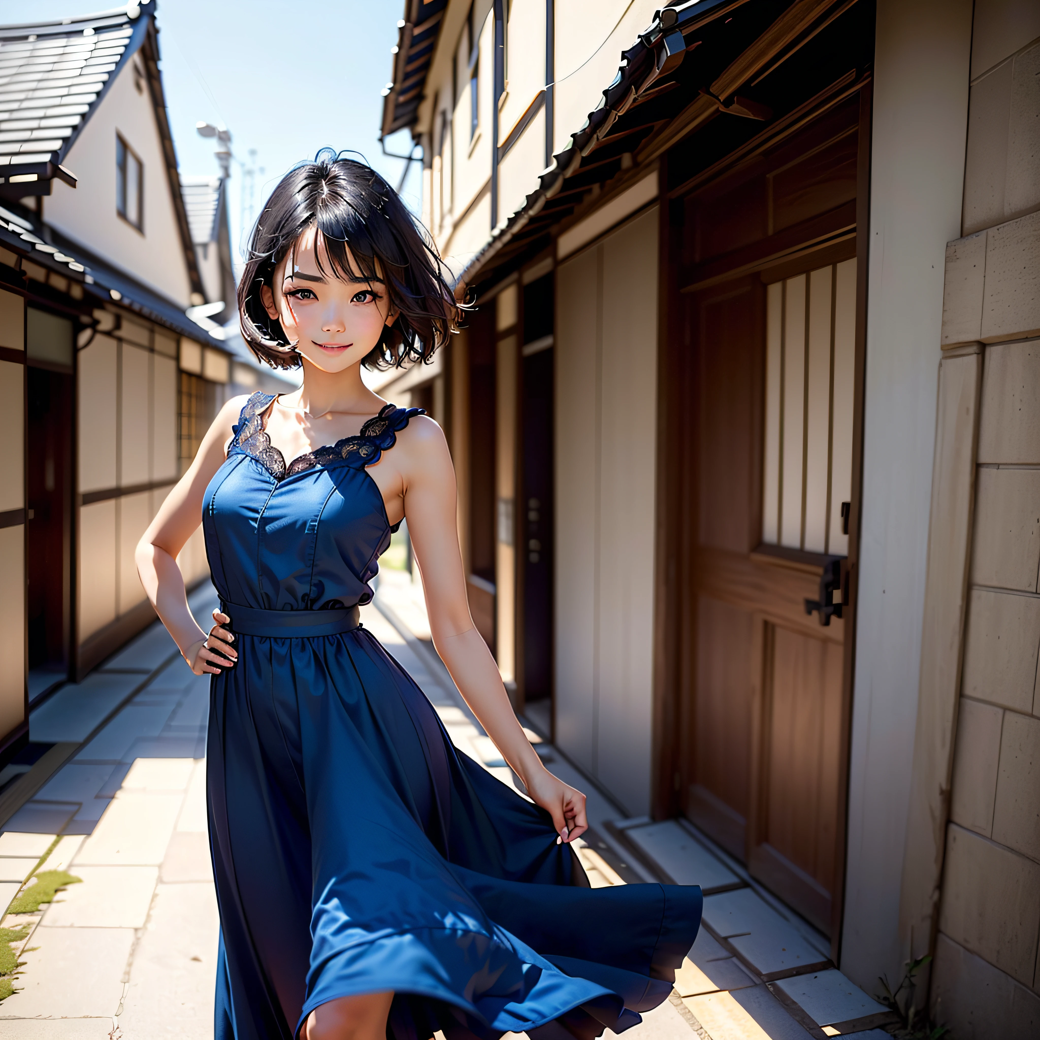 (masterpiece, highest quality, highest resolution, distinct_image, detailed detail, portrait): (Solo, lone girl, face is Japan, short cut, girl with black hair, (perfect body: 1.4), sparkling blue colored eyes, blue dress figure, very delicate and beautiful, detailed skin, slim body, happy smile, heroine, boots, front, facing the viewer) , Countryside
