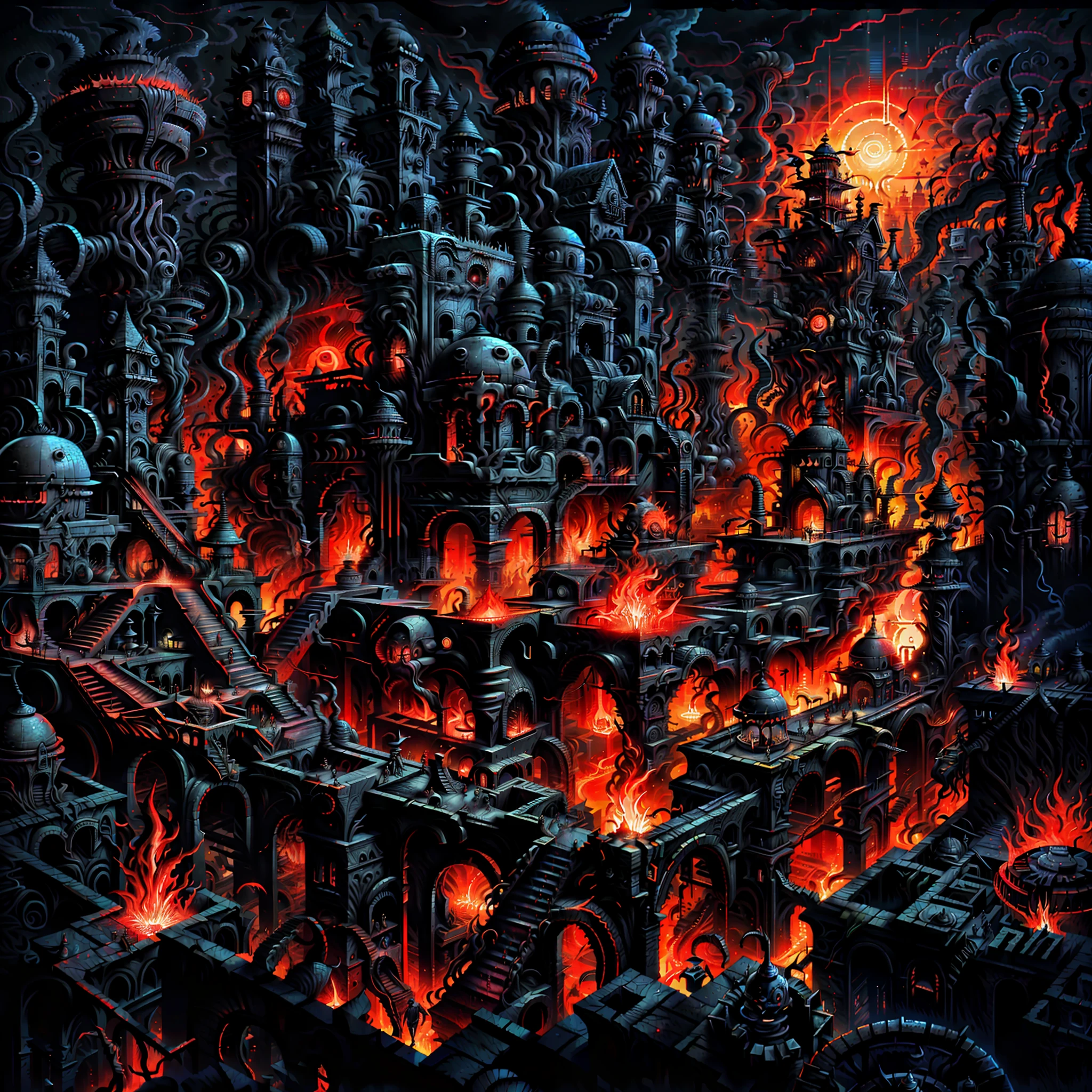 award winning image, highly detailed, horror art, realistic, extreme closeup, labyrinth, torches, flamepits, blood, dramatic lighting, despair, hopelessness, torture devices, biomorphic sculptures, biomechanical buildings, heatwave, blinding sun, dusty air, black smoke, ((red fog)), ((low visibility)), embers flying through the air, zombies and skeletons, as painted by hieronymus bosch