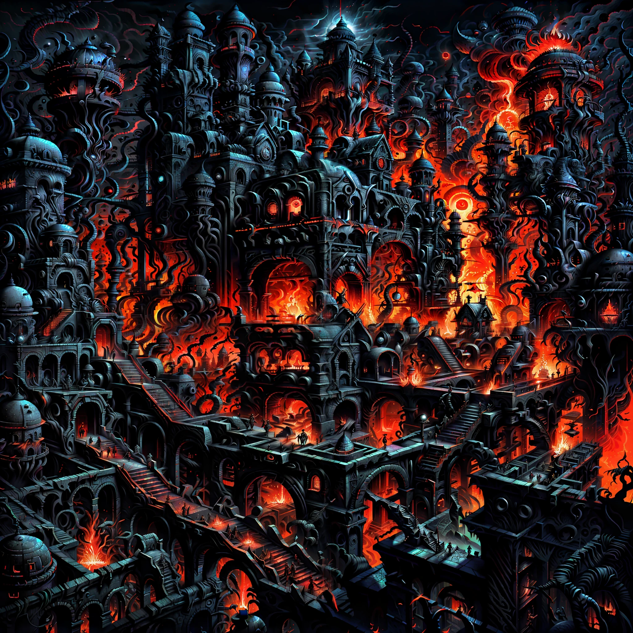 award winning image, highly detailed, horror art, realistic, extreme closeup, labyrinth, torches, flamepits, blood, dramatic lighting, despair, hopelessness, torture devices, biomorphic sculptures, biomechanical buildings, heatwave, blinding sun, dusty air, black smoke, ((red fog)), ((low visibility)), embers flying through the air, zombies and skeletons, as painted by hieronymus bosch
