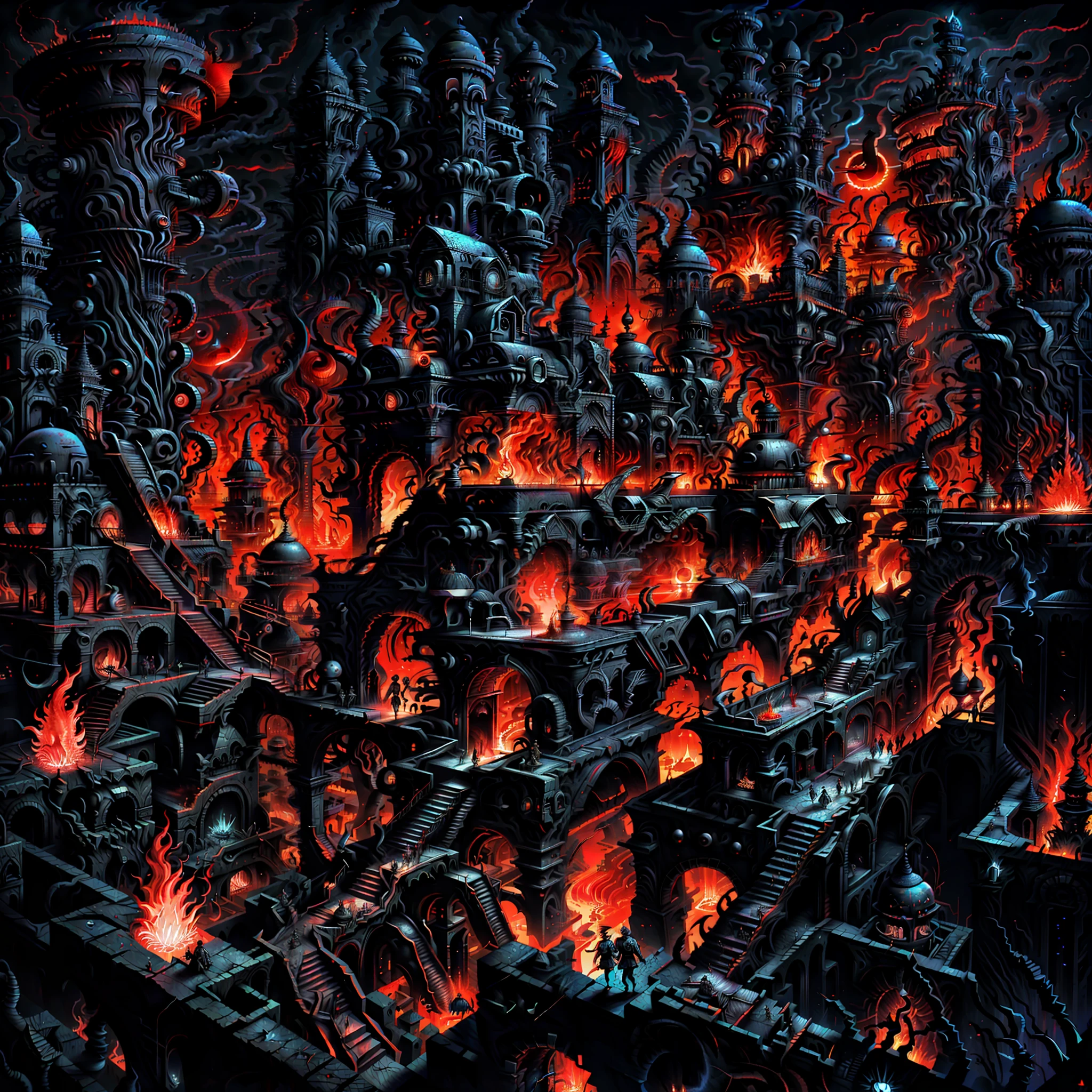 award winning image, highly detailed, horror art, realistic, extreme closeup, labyrinth, torches, flamepits, blood, dramatic lighting, despair, hopelessness, torture devices, biomorphic sculptures, biomechanical buildings, heatwave, blinding sun, dusty air, black smoke, ((red fog)), ((low visibility)), embers flying through the air, zombies and skeletons, as painted by hieronymus bosch
