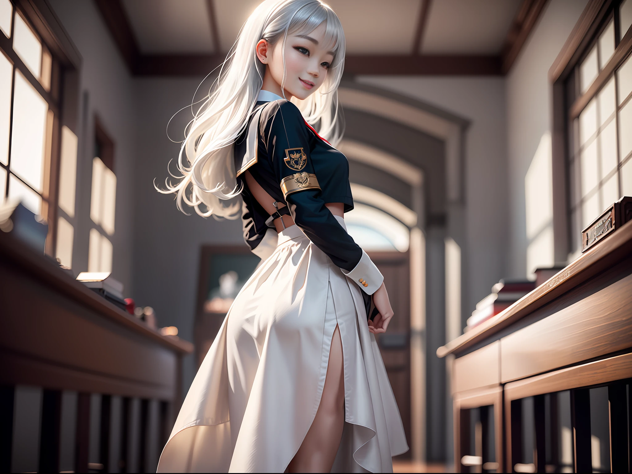 masterpiece, ultra high quality, ultra high definition, 8K, totally realistic, Korean girl, extremely beautiful, alone, full body, silver white hair, highly detailed face, fully detailed eyes, perfect eyes, perfect features, very beautiful body, perfect body, cheerful smile, wearing micro school uniform, back view, back to camera