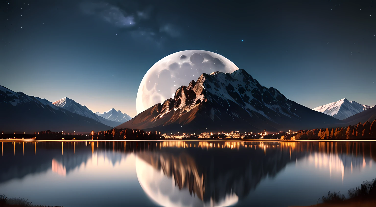 Very starry night. A giant moon behind the mountains. A tranquil lake reflecting the night. Realistic scene, detailed, photorealism, 8k