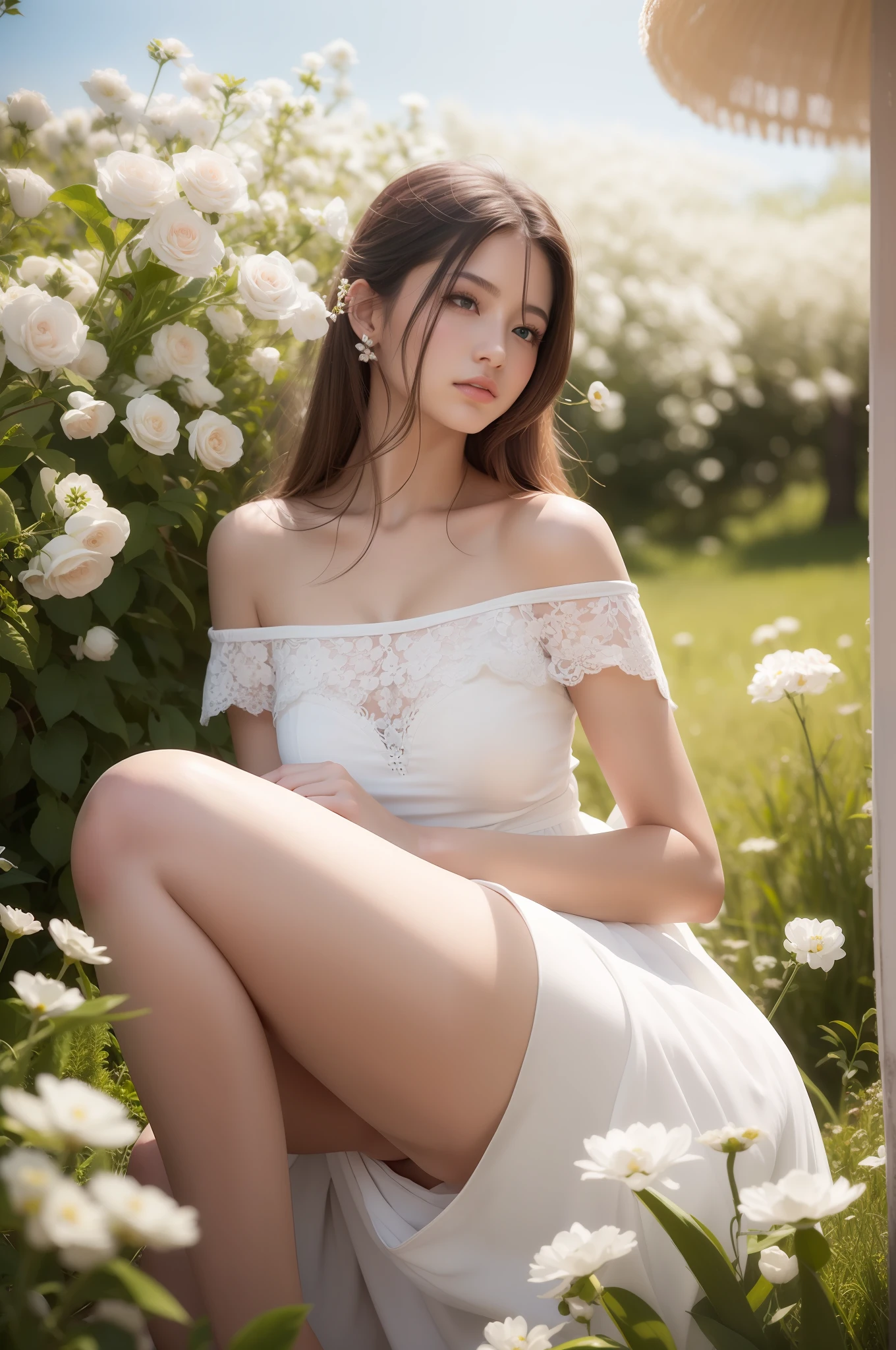 Best quality, masterpiece, ultra high res, (photorealistic:1.4), raw photo, 1girl, white dress, off shoulder, blossom flower field, glowing skin, perfect simetris eyes