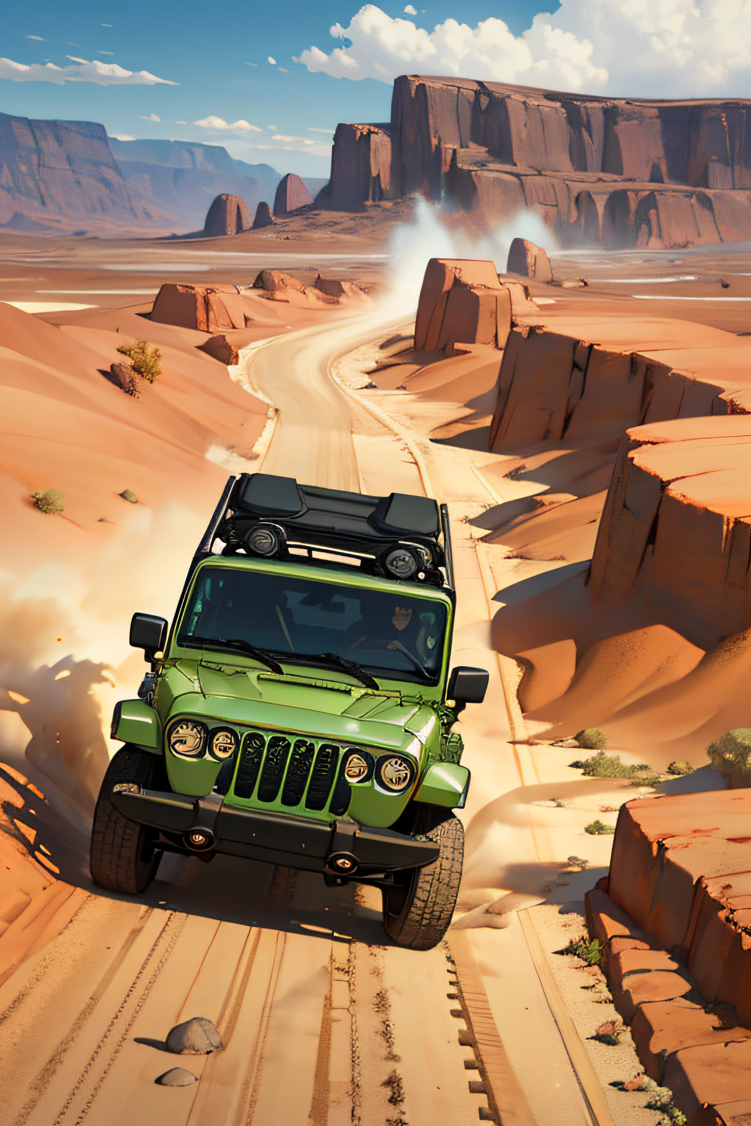 The northwest desert, flying sand and rocks, smoke and dust everywhere.

An army-green jeep sped down the rough road