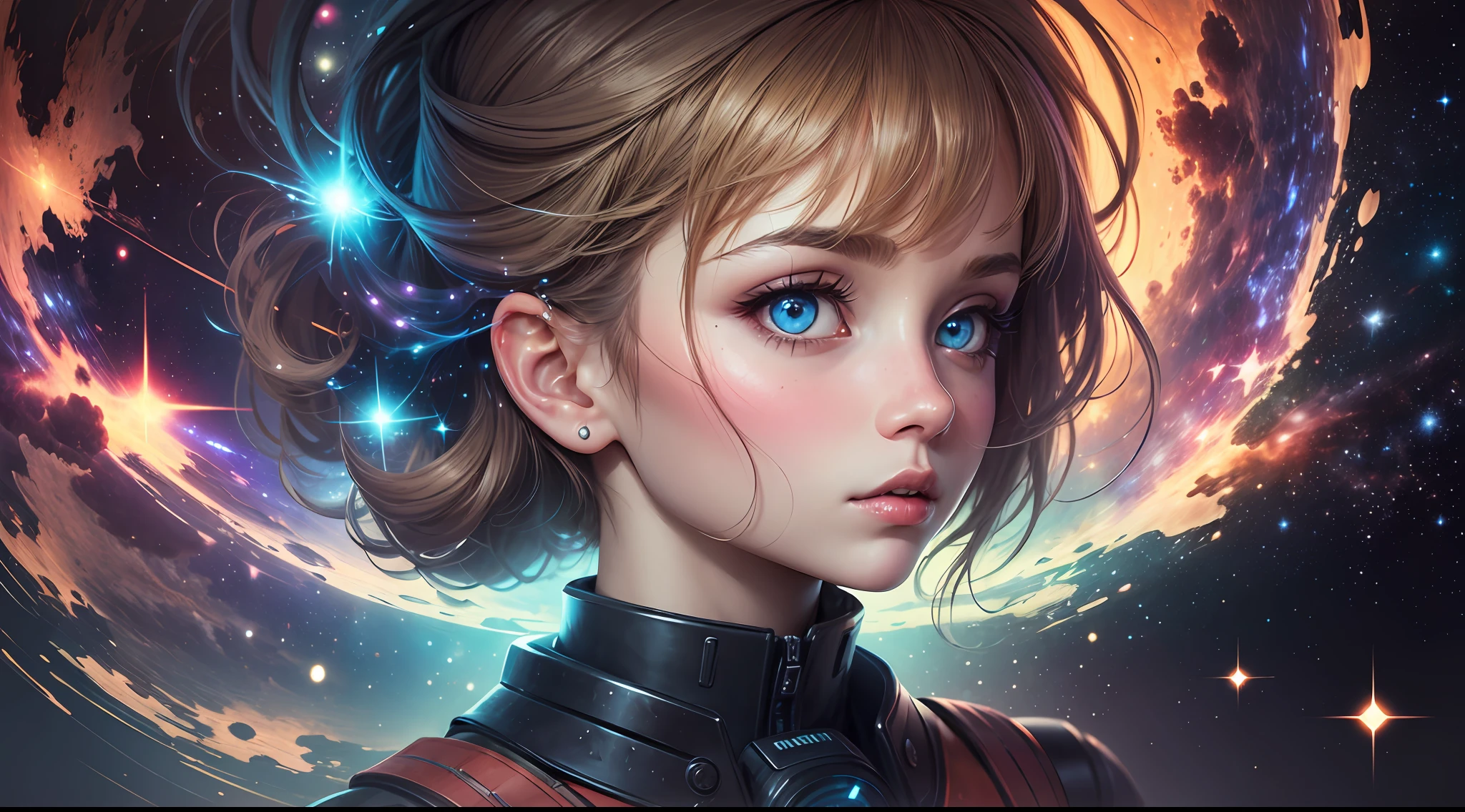 girl,radioactive glow,abstract art,character focus,eyes with reflection,starry sky,galaxies