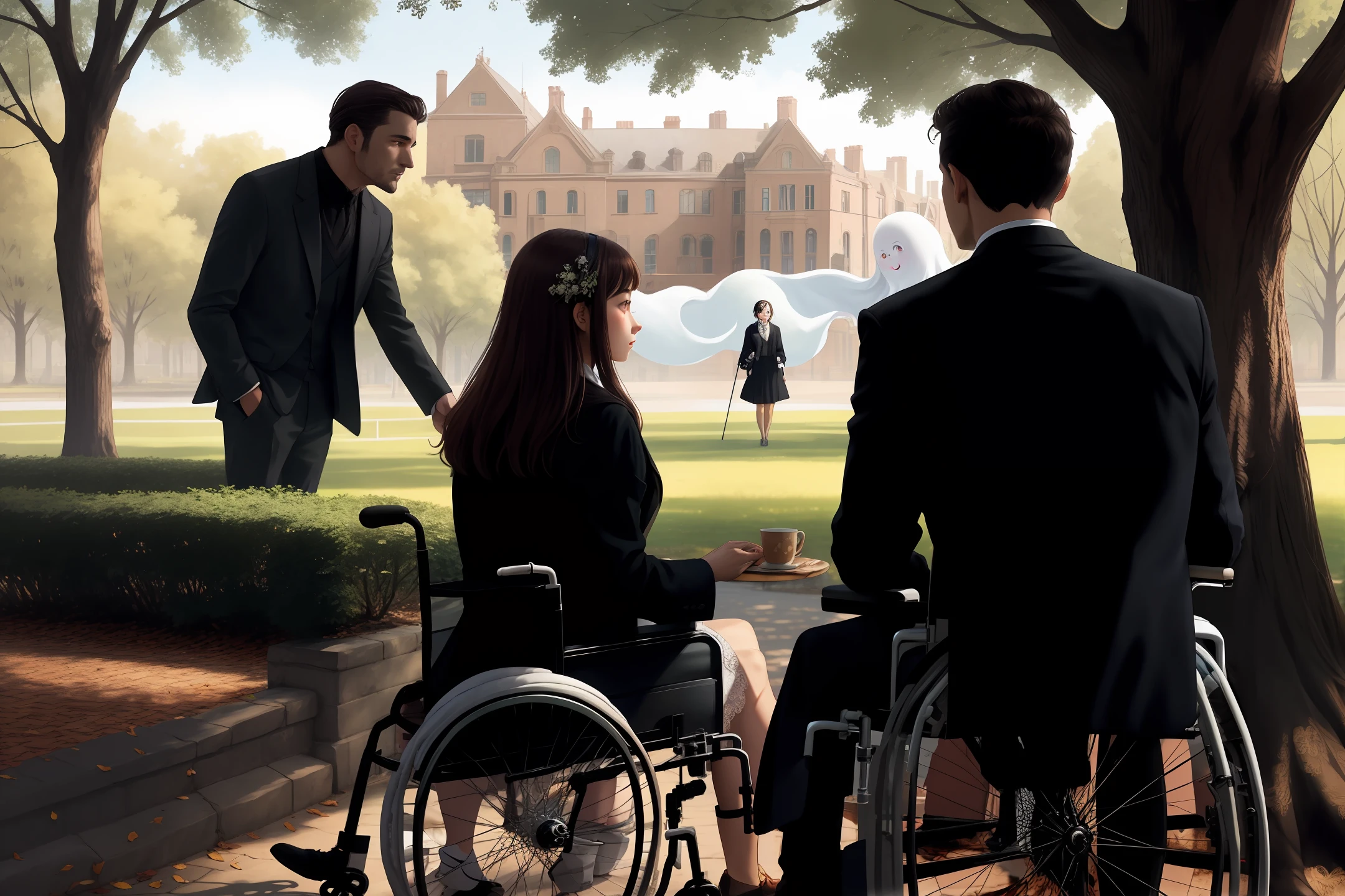 Sweet girl, with cute ghosts behind her, sitting in a city park with an elite dressed man watching her tenderly in the distance, a man in a wheelchair, and another in a tree farther away