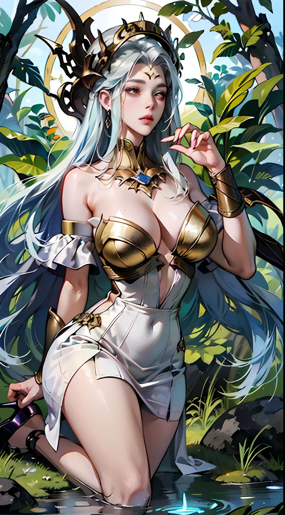In a Final Fantasy style illustration. A powerful sorceress invokes the powers of thunder. She is very beautiful and wears a knee-length dress with straps and ruffles, heels and a pointed hat. She is in a strange place of ancient buildings half buried by the jungle. gold, silver, iridescent. ((Perfect face)) HD. (Best quality) ((big breasts))