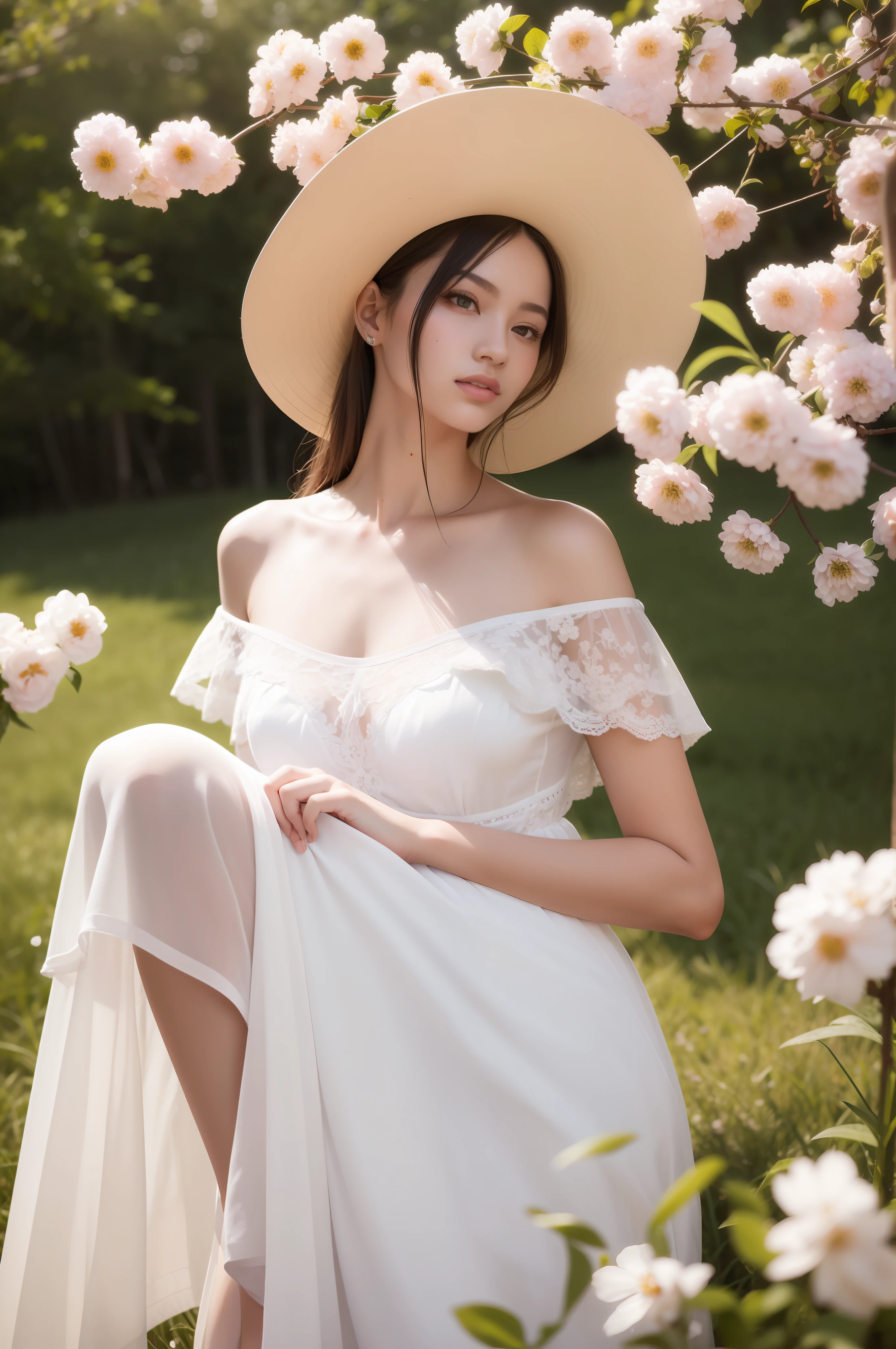 Best quality, masterpiece, ultra high res, (photorealistic:1.4), raw photo, 1girl, white dress, off shoulder, blossom flower field, glowing skin, perfect simetris eyes