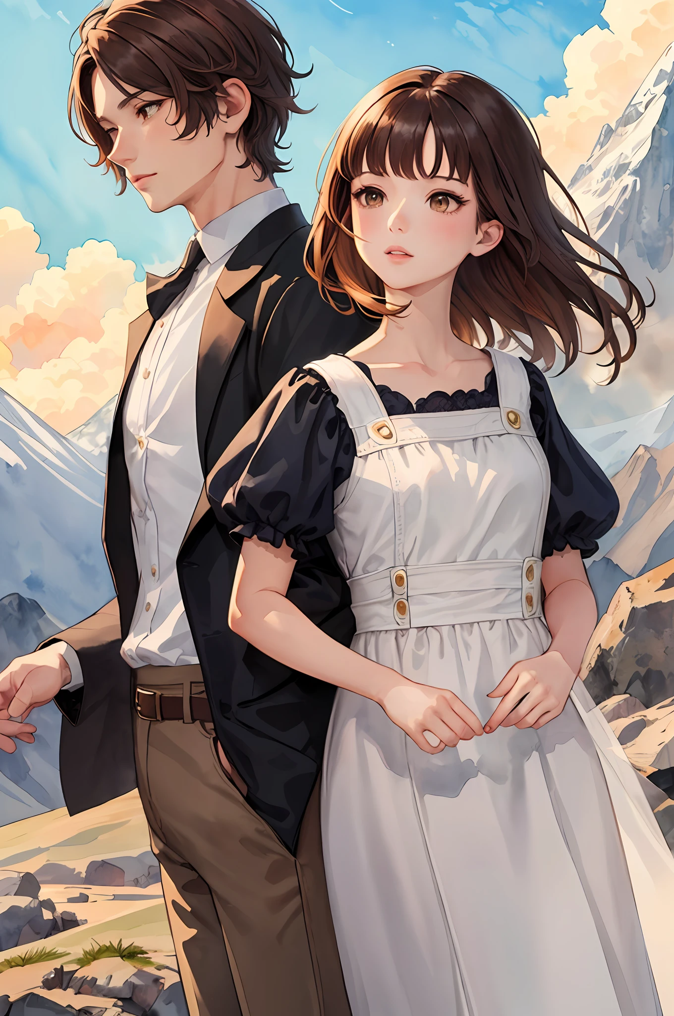 Semi-realistic, 2.5D, detailed, flat color only, illustration, line art, watercolor, highest quality,
Detailed background, 2 people, 1 man (open forehead, short hair, black hair) and 1 woman (swept bangs, brown hair, long hair, (wearing a white dress)), mountain, random_wear people,