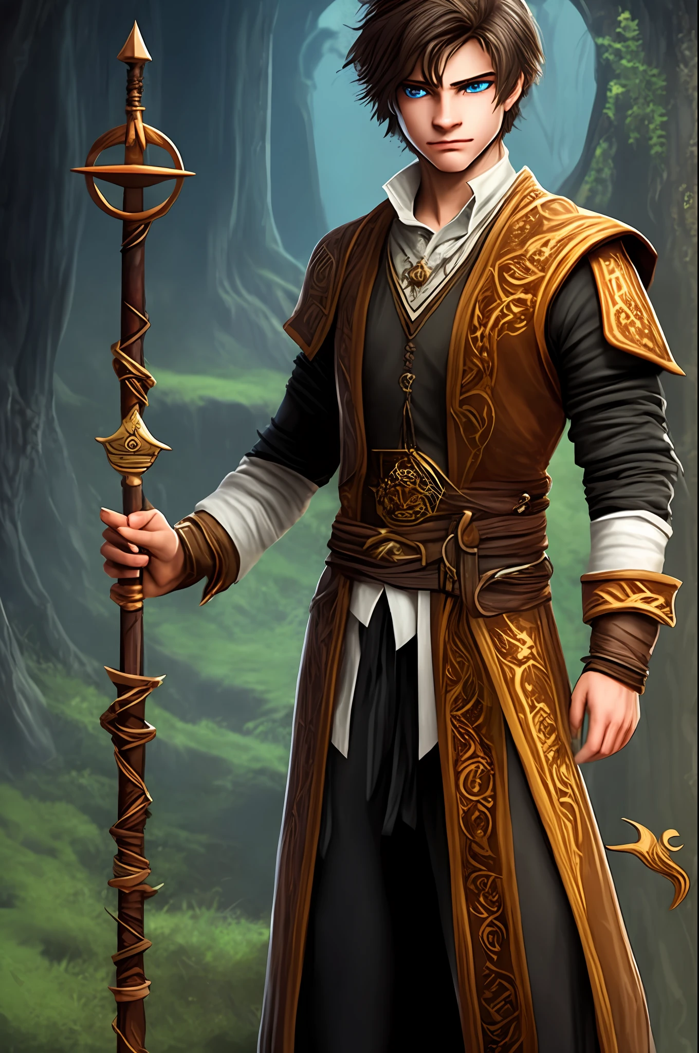 Young, boy, rpg, character, blue eyes, 23 years old, brown hair, brown hair, Magic, human, magician, charming, elegant, male, Arcanum, sneaky, conjurer, carrying a staff, male, Arcane symbols,