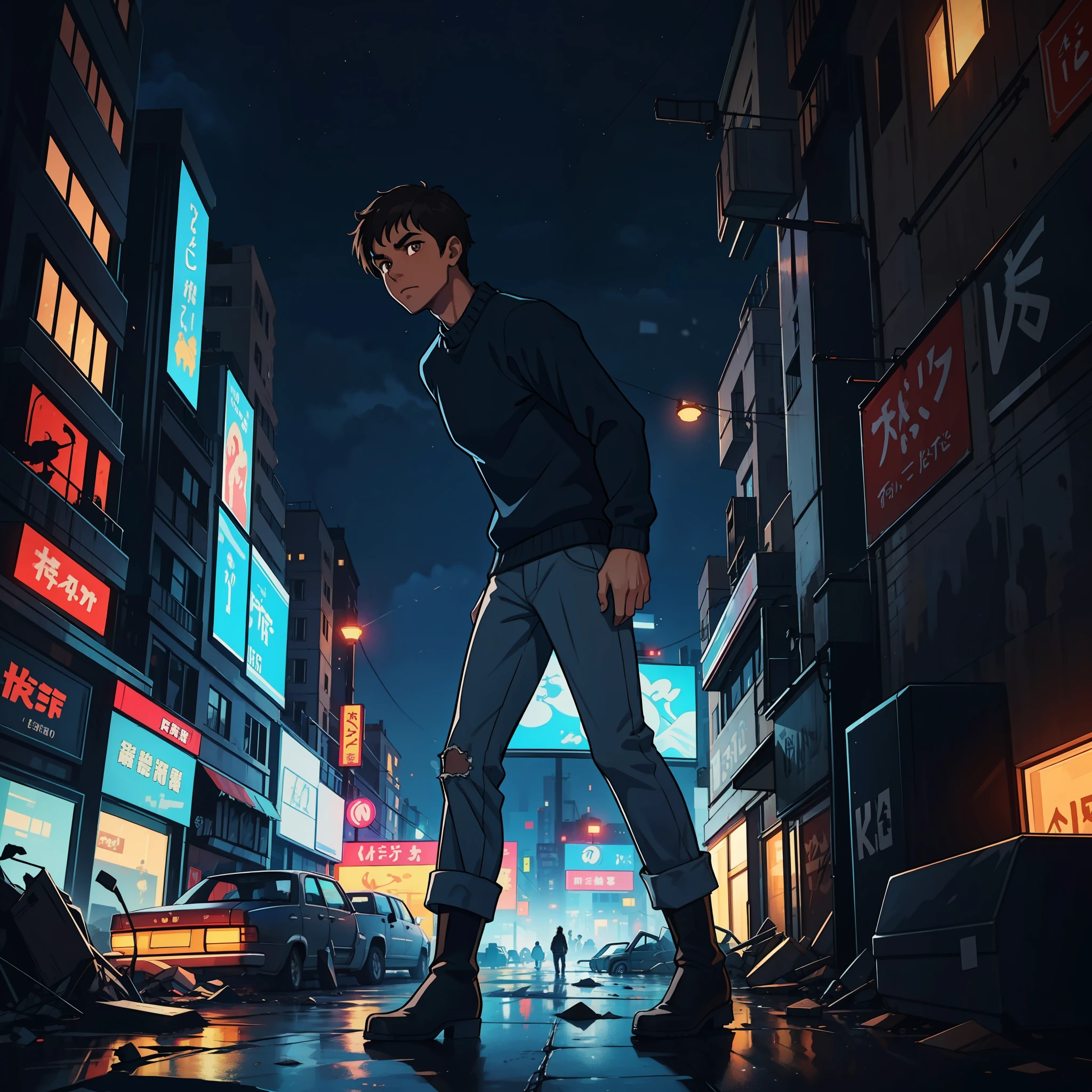 A guy, dark brown skin, dark black hair, crest style cut, sky blue sweater, gray pants, black boots, dark brown eyes, apocalyptic background, destroyed city, nightlife, anime, 2d, cartoon, high quality, detailed, 4k