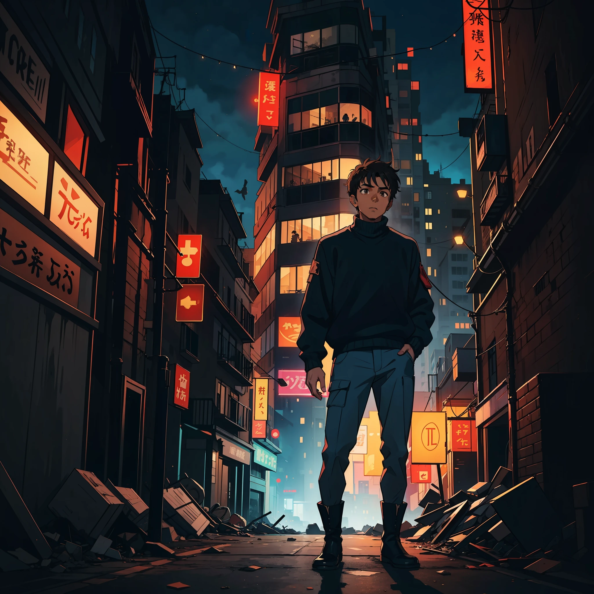 A guy, dark brown skin, dark black hair, crest style cut, sky blue sweater, gray pants, black boots, dark brown eyes, apocalyptic background, destroyed city, nightlife, anime, 2d, cartoon, high quality, detailed, 4k