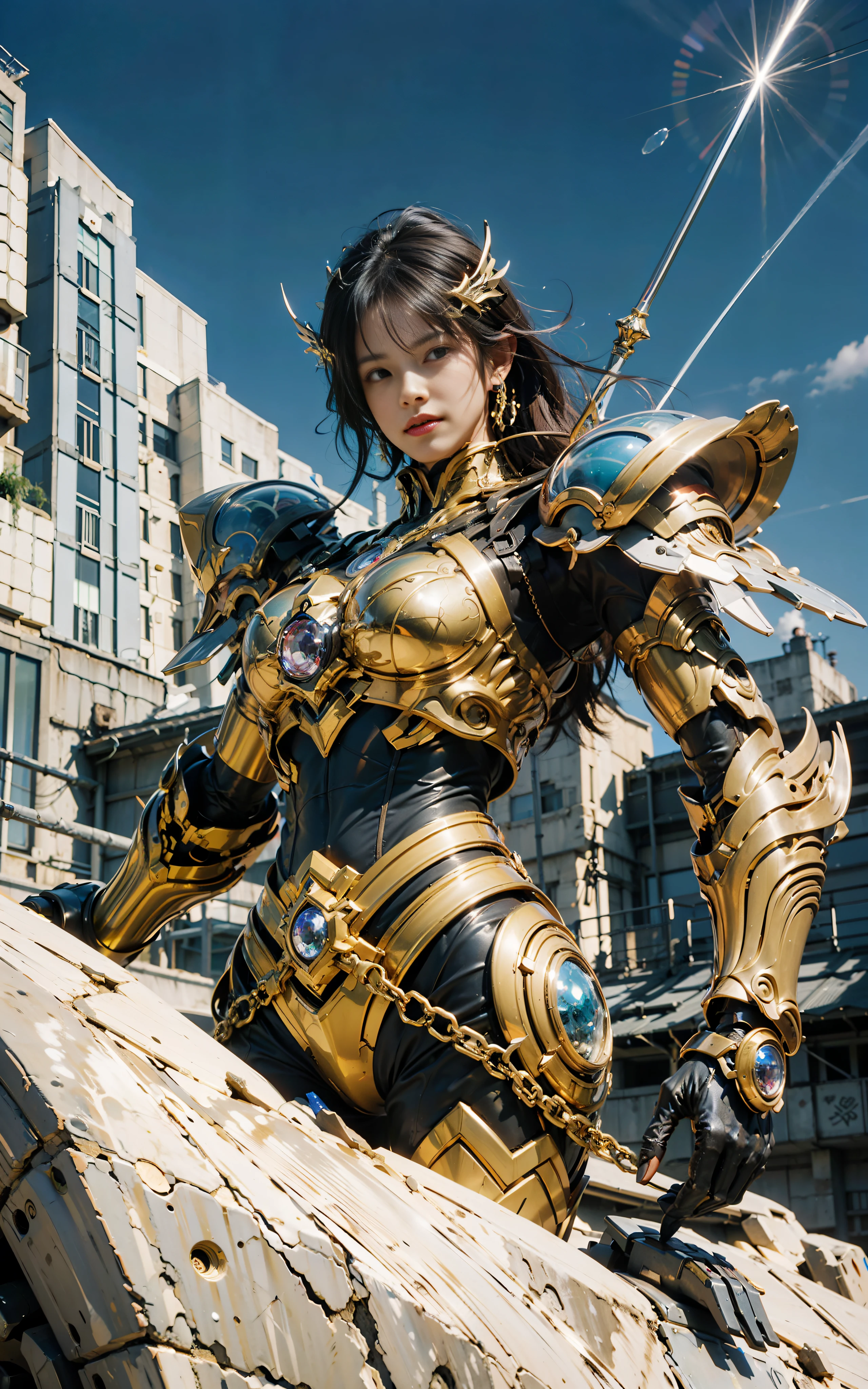 (Best Quality)), (Mecha: 1.3AND Saint Seiya AND Armor), (Crystal: 0.4), Dynamic Pose, ((Masterpiece)), (Details: 1.4), Panorama, Wide, Cinematic Lighting, (Gold|White: 1.5), (Glow FX::0.5), Weapons, Zrpgstyle, Solo, Laser Sword, Textured Skin 3D, HDR, Maximum Image Quality 16K, Best Quality, Crazy Detail, David La Chapelle style lens, Professional RAW color photos from Canon EOS R6 shooting masterpieces, ray tracing, surrealist detail school, unrealistic engine style