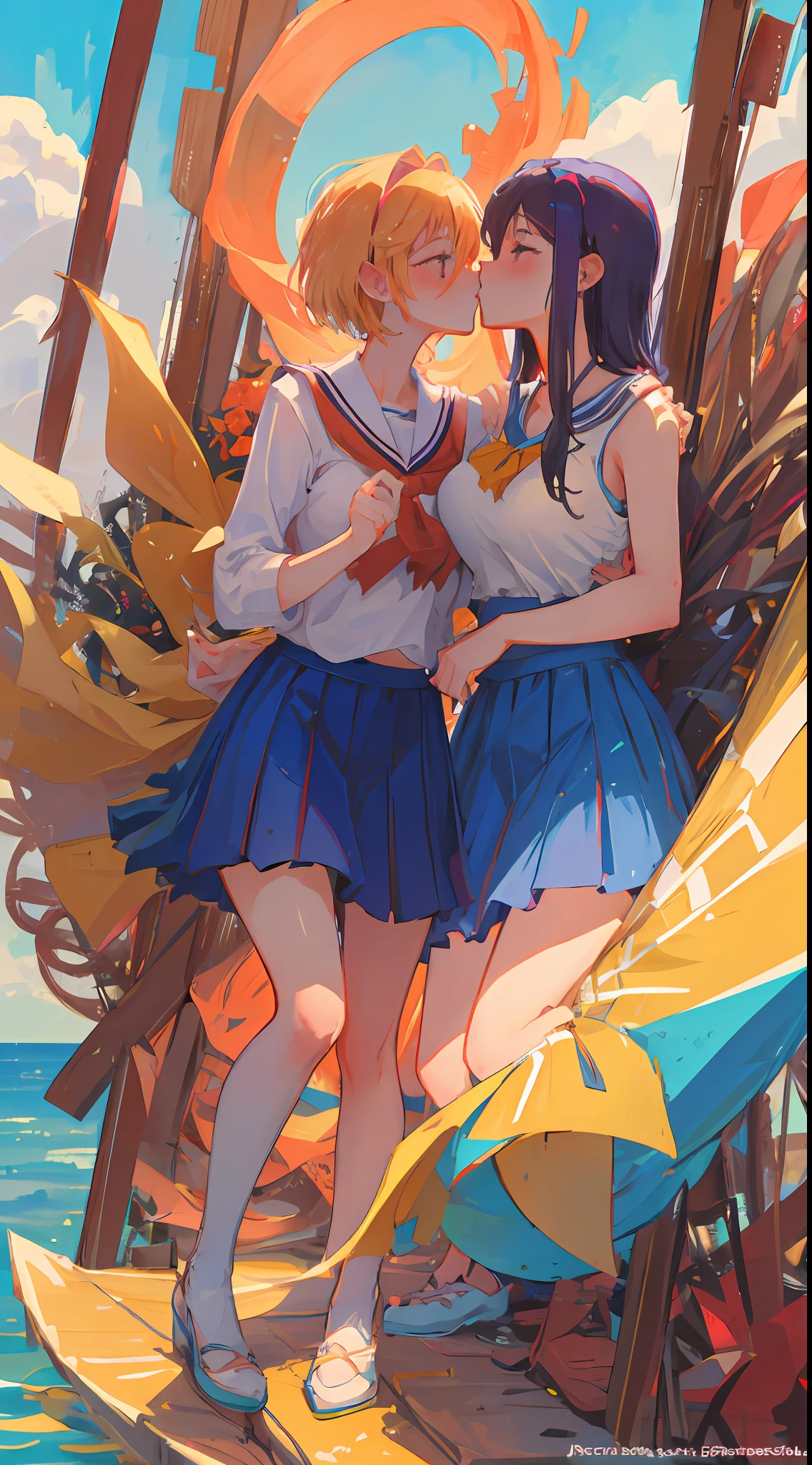 2 women having fun, lascivious:1,2, hentai:1,2, NSFW:1,2, lesbian yuri:1,2, kissing, blushing, giant breasts wear regattas and skirts, hot summer day, big breasts,