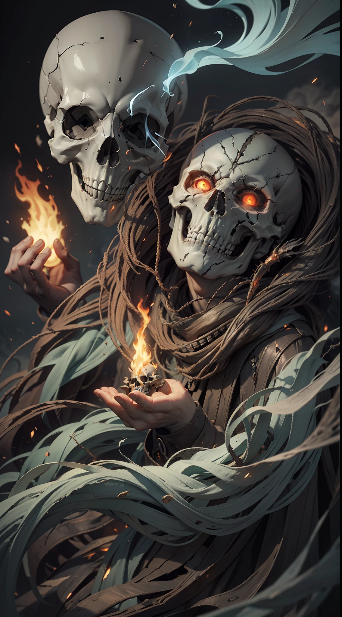 (very detailed wallpaper 8k), man, mid-shot terrifying necromancer, skull, burning eyes, ominous shadows, green smoke, intricate, high detail, dramatic