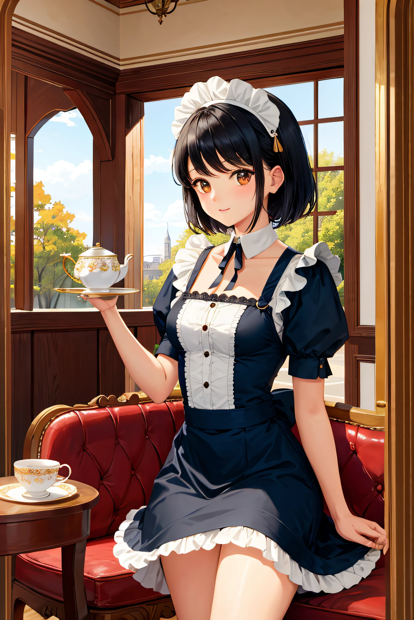 Best quality, masterpiece, HD digital photo of a girl, Pixar animation style, a cat-eared girl in English maid outfit, upper body, standing back smiling looking at the camera, café background, soft lighting, warm colors,