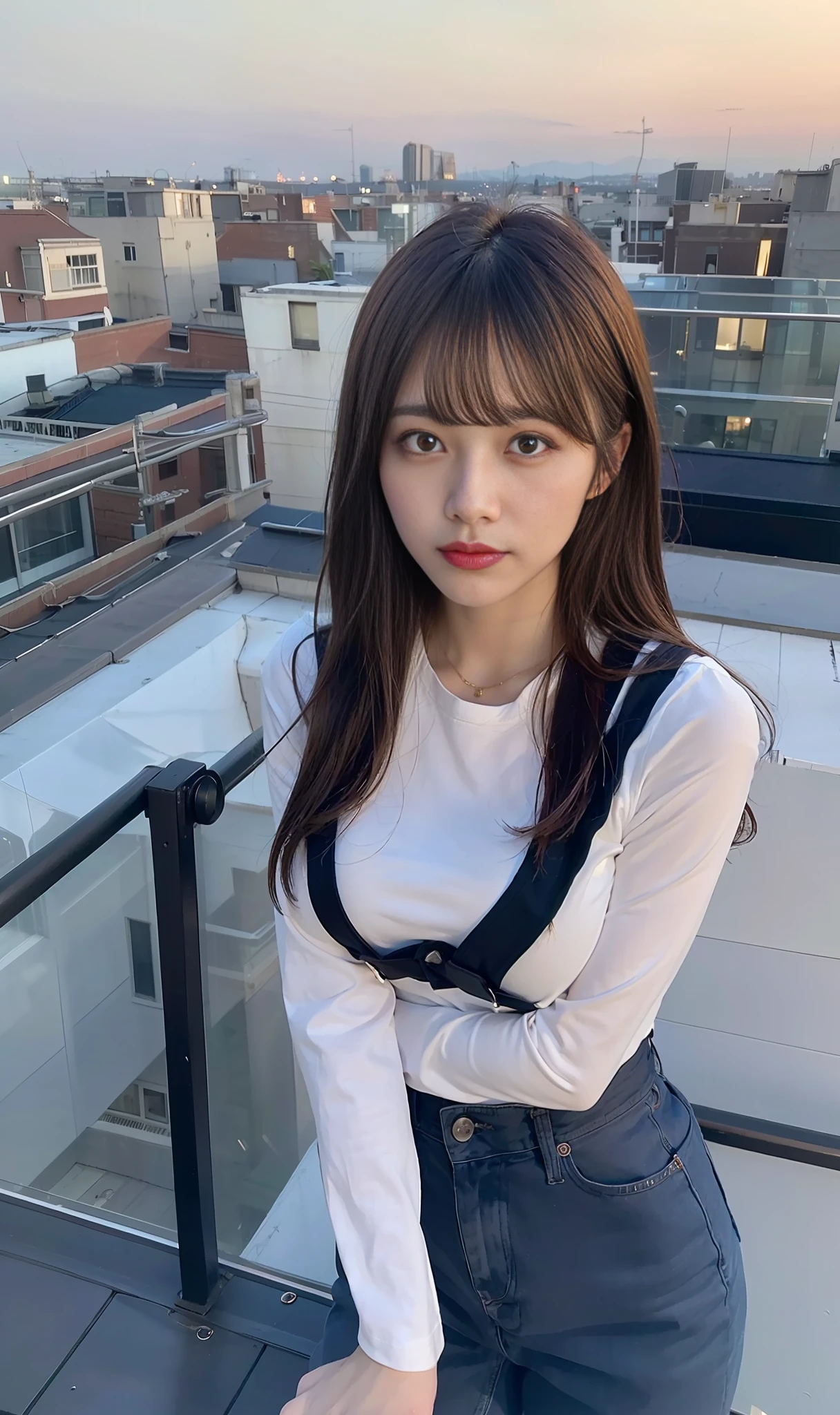((Midnight, Best quality, 8k, Masterpiece :1.3)), Whole body, Long legs, Sharp focus :1.2, A pretty woman with perfect figure :1.4, Slender abs :1.1, ((Dark brown hair, Big breasts :1.2)), (White tight tshirt, Jean bib, Standing:1.2), ((Night city view, Rooftop:1.3)), Highly detailed face and skin texture, Detailed eyes, Double eyelid