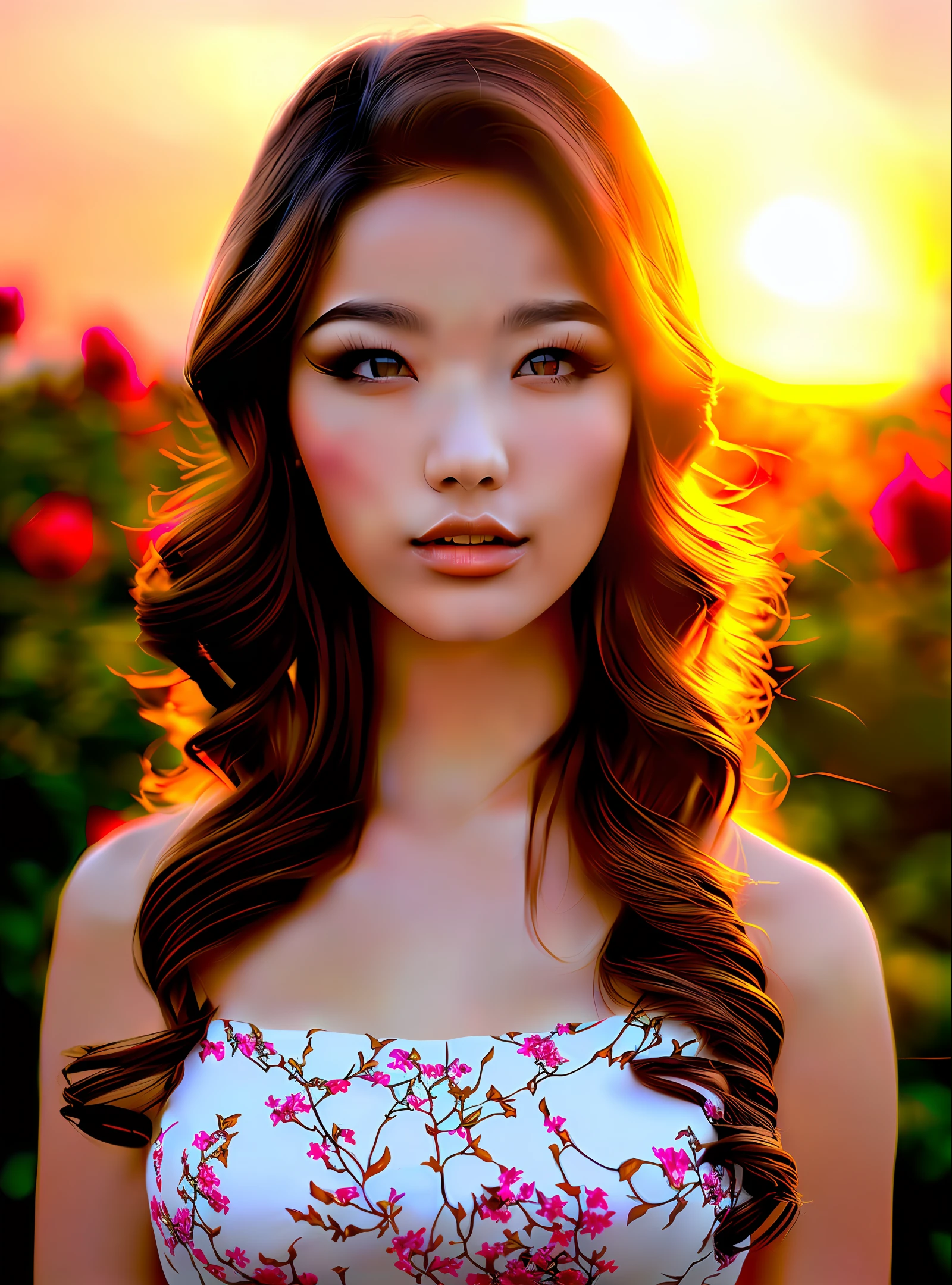 Fantasy art, dynamic lighting, realistic face, calm, elegant, beautiful, temperament, music, sunset sun, flowers, upper body