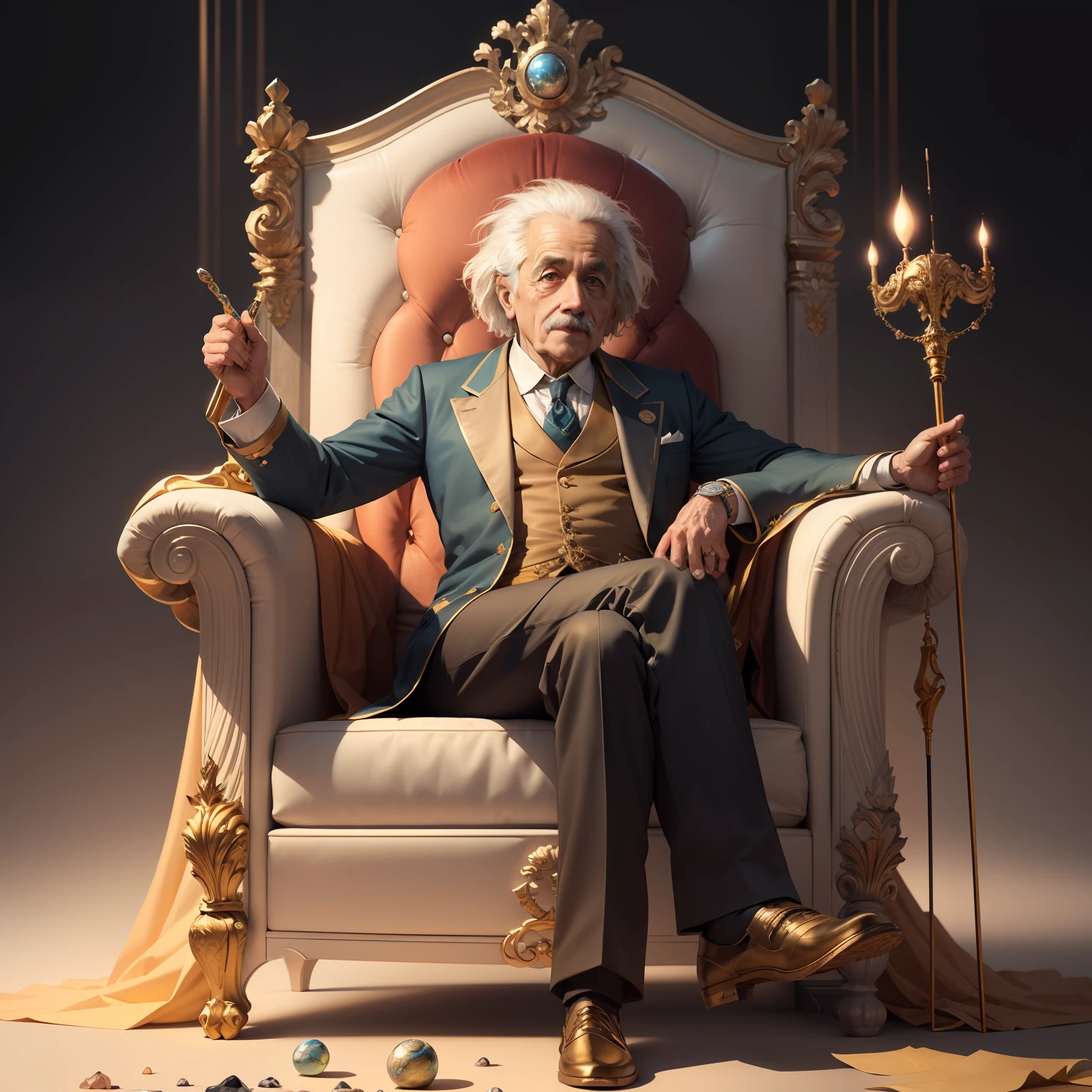 "An ultra-detailed and beautiful illustration of Albert Einstein, sitting like a majestic king, sitting majestically on his throne of gold and precious stones, a scepter in his right hand with the luminous handle of planet earth, an impeccable color gradation."