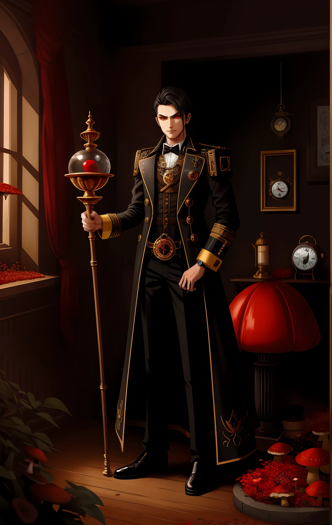 Male style robot, steampunk, with clocks scattered all over the body, holding a staff with an hourglass at the tip, with red fungi around, room full of watches, red fungus on clothes, evil look