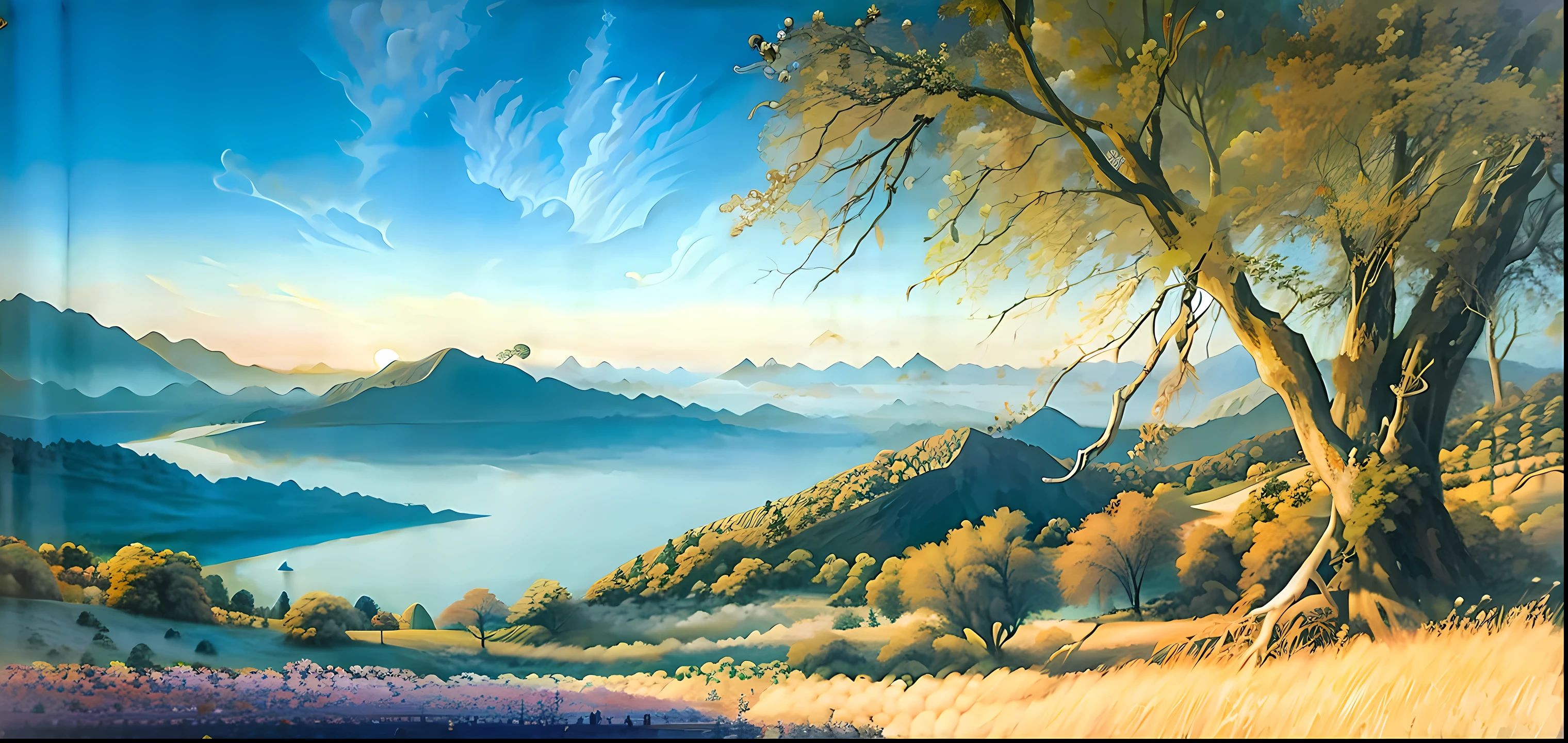 Under the blue sky and white clouds, the mountains in the distance, the cattle on the wide pasture lie or stand, there are trees, there are forests looming, hyperrealism, delicate and rich, harmonious and comfortable color matching, best quality, 16:9