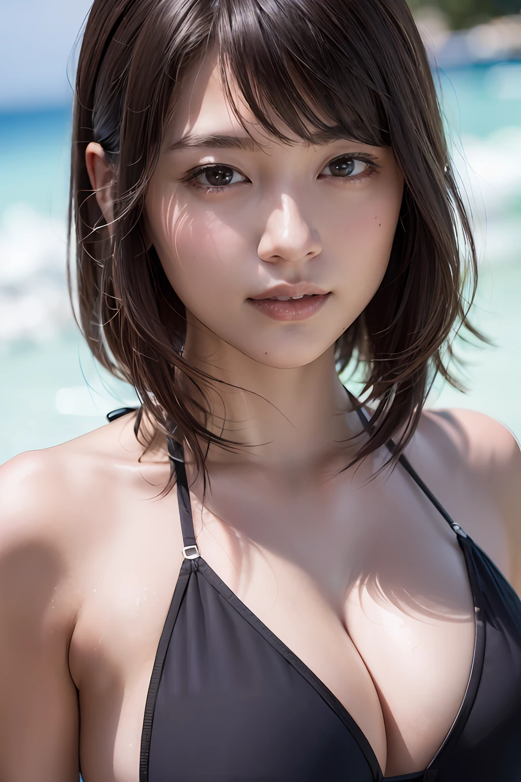 (8k, RAW photos, top quality, masterpiece: 1.2), (realistic, photorealistic: 1.37), ultra detail, ultra high resolution, one girl, beholder, beautiful detailed face, smile, constriction, (slim waist): 1.3), bikini, beautiful detailed skin, skin texture, floating hair, professional lighting,
