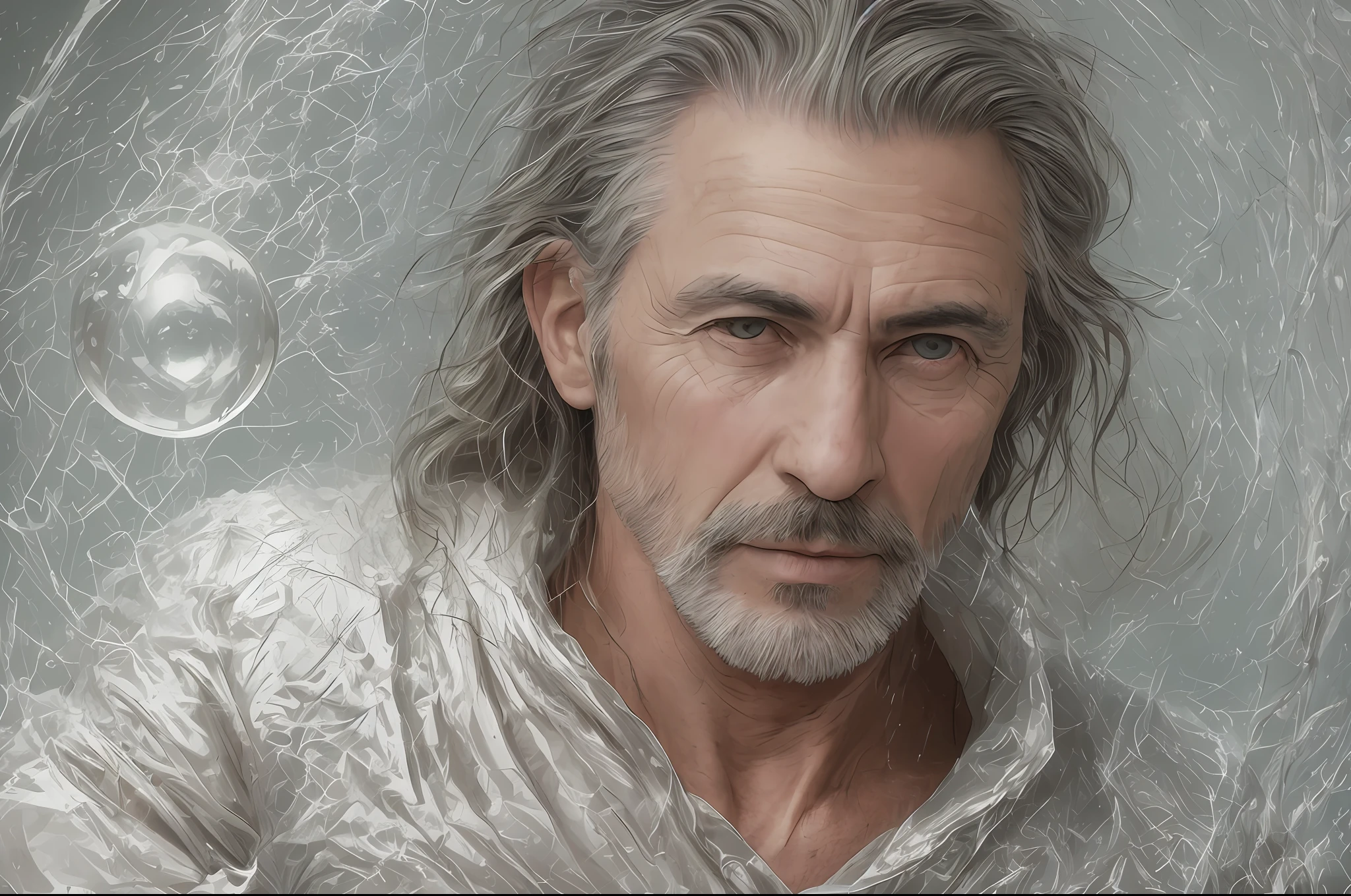 realistic photography of mature man in a white opaque bubble suit, low lighting, intricate details, 8k, hyper-realistic --auto --s2