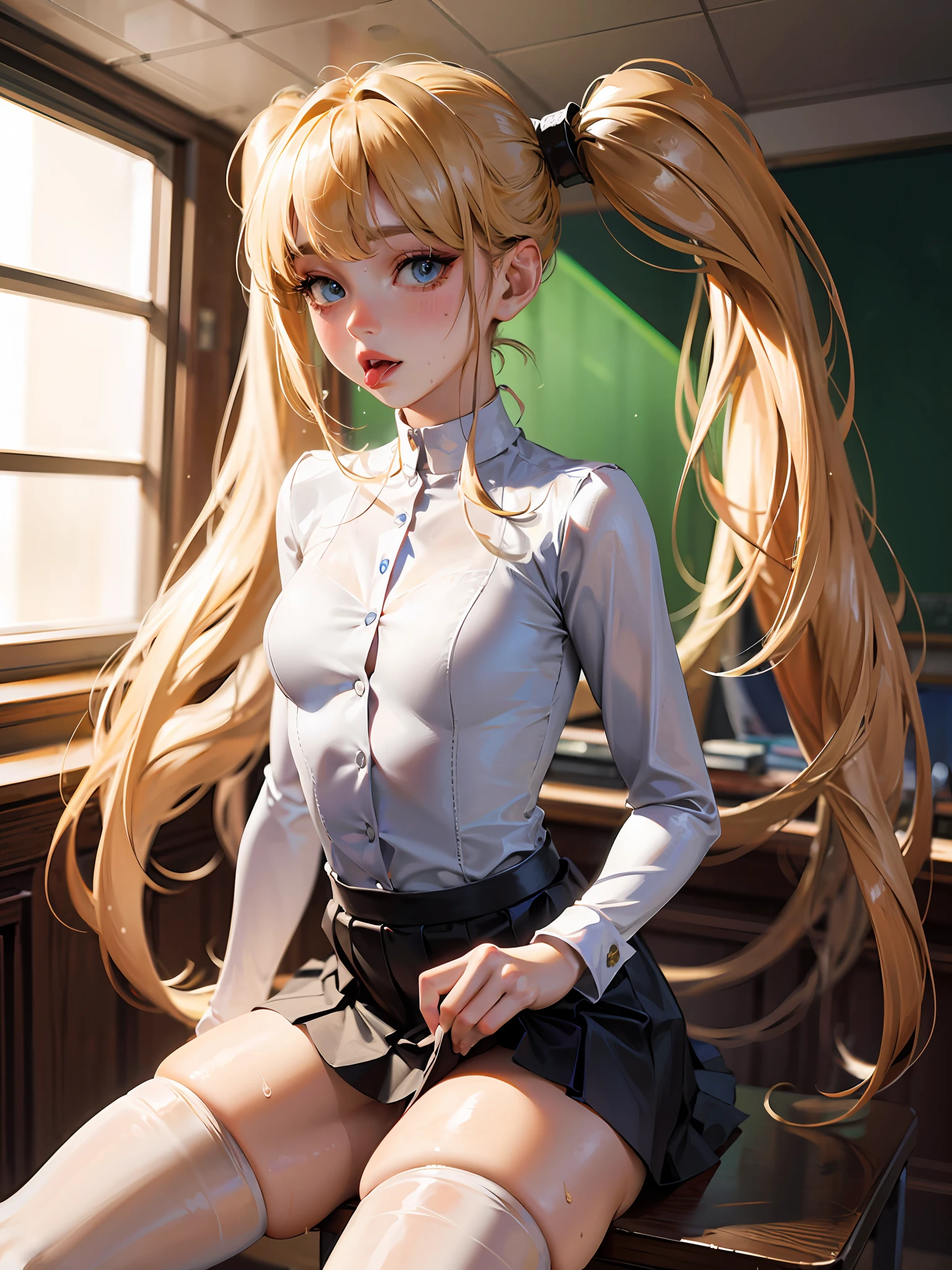 small breasts, (masterpiece, best quality:1.1), long hair, twintails, (realistic painting style:0.9), blonde, blue eyes, in classroom, (realistic:1.3), cute, tongue out, (shake effect, shaking:1.2), sweat, absurdres, breasts out, blush, (skirt:1.3), white bodysuit, squat, looking on viewer, white thigh highs, standing, (((1girl))), peeing trembling, --auto