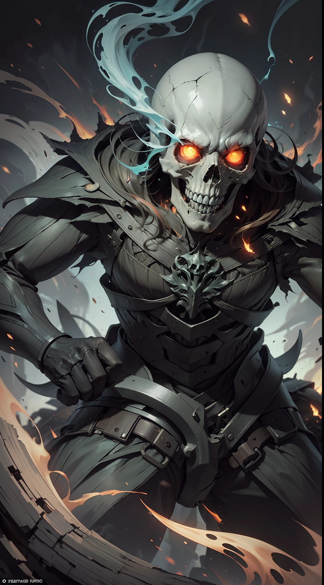 (very detailed wallpaper 8k), man, mid-shot terrifying necromancer, skull, burning eyes, ominous shadows, green smoke, intricate, high detail, dramatic