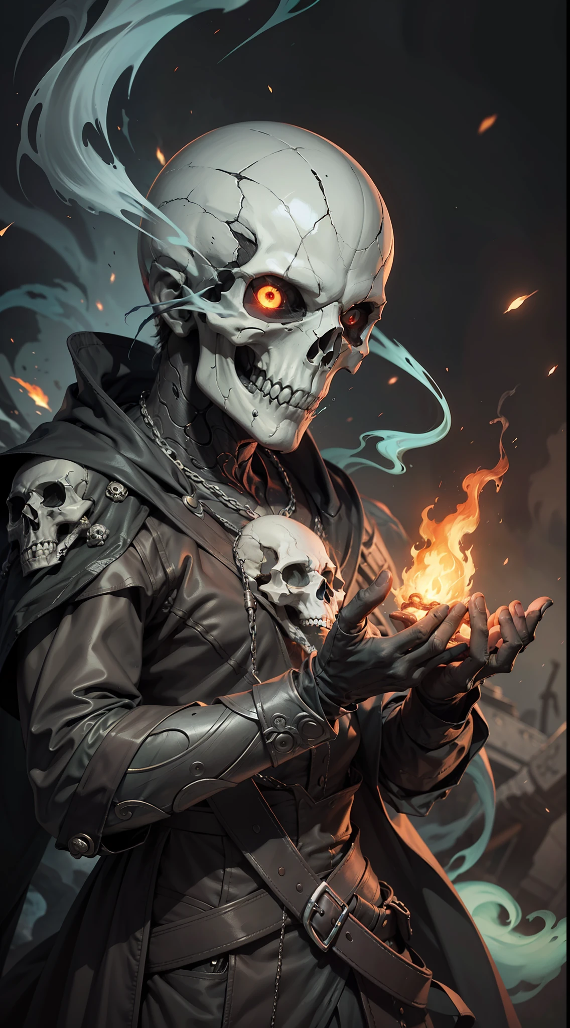(very detailed wallpaper 8k), man, mid-shot terrifying necromancer, skull, burning eyes, ominous shadows, green smoke, intricate, high detail, dramatic