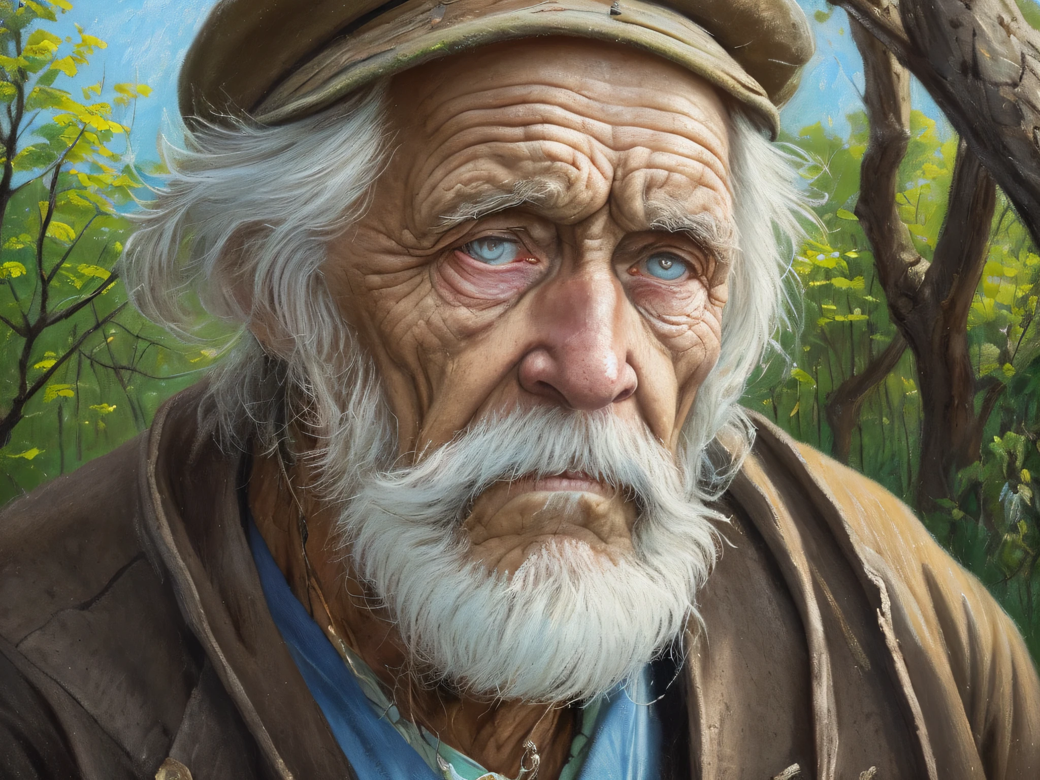 A portrait of the poor old 1800s Russian worker in rags, ((overwhelming fatigue)), wrinkles of age, concept art, pastel oil painting, grumpy gray colors, glaring, messy stylestyle of Alexey Savrasov, Ivan Shishkin, Ilya Repin, (cel shaded:1.2), 2d, (oil painting:1.2) highly detailed, sitting, under a Tree, forest