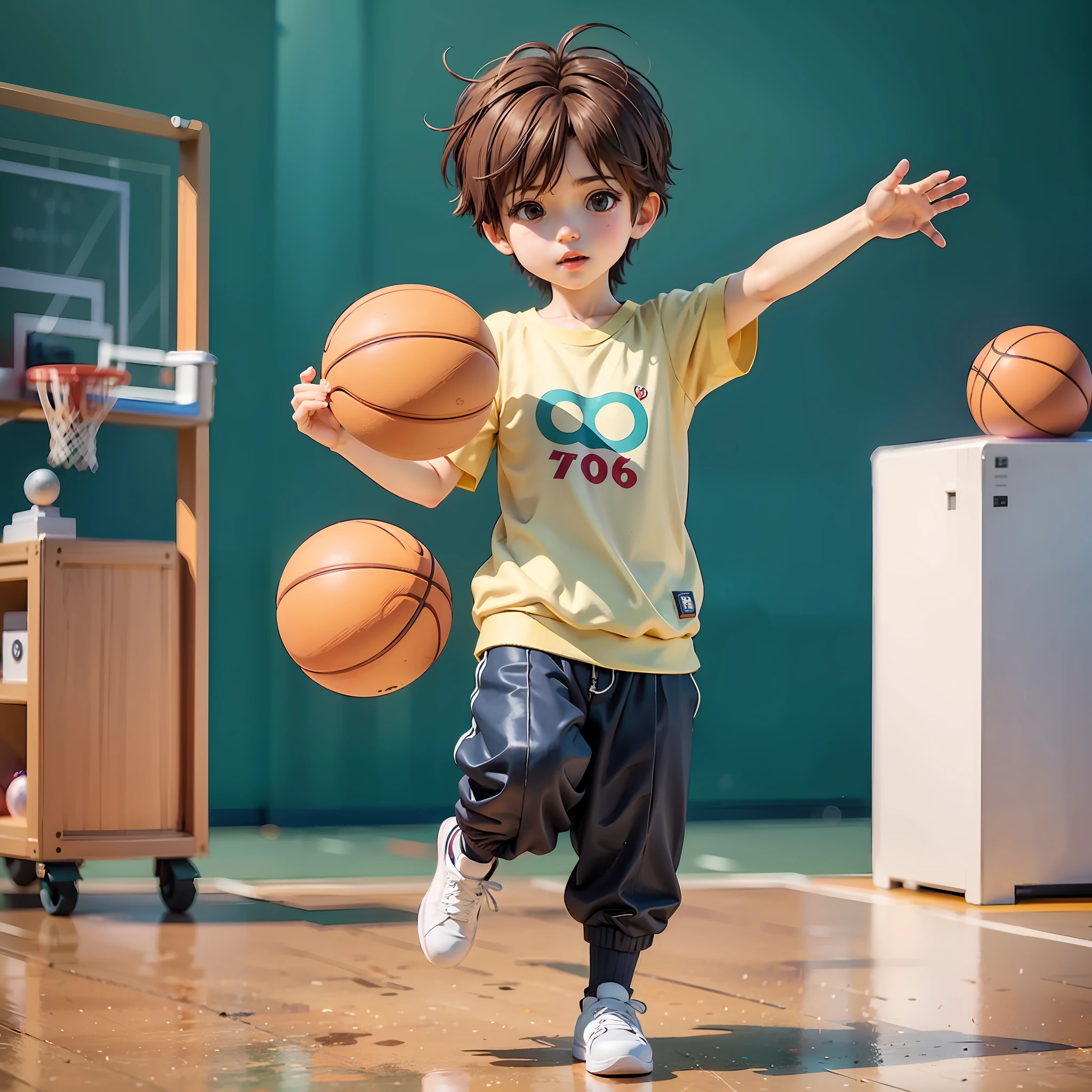 1boy, , 5-year-old ikun, cute, running, masterpiece, basketball court, playing basketball, chibi, full body,