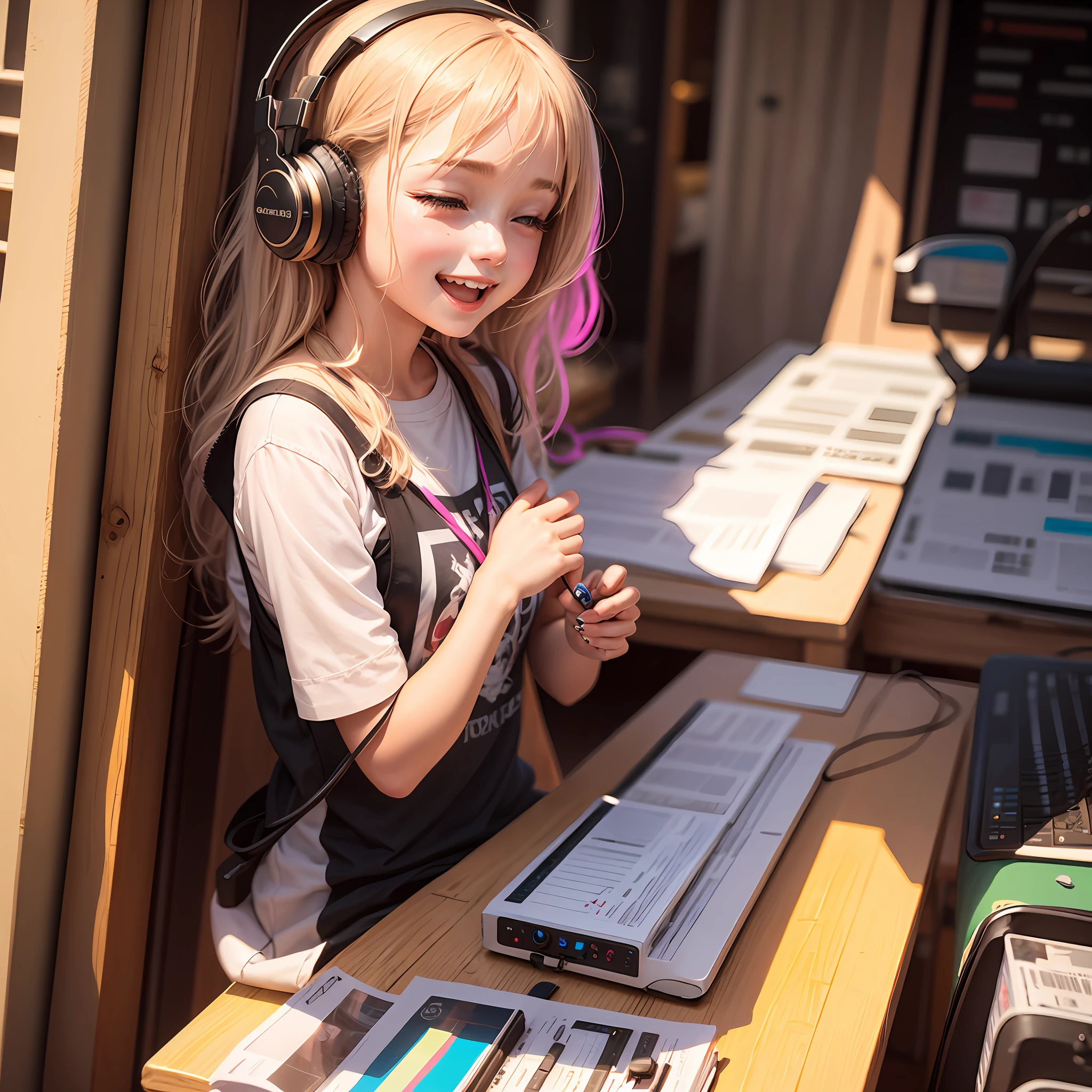 Girl, listening to music, cute, happy colors