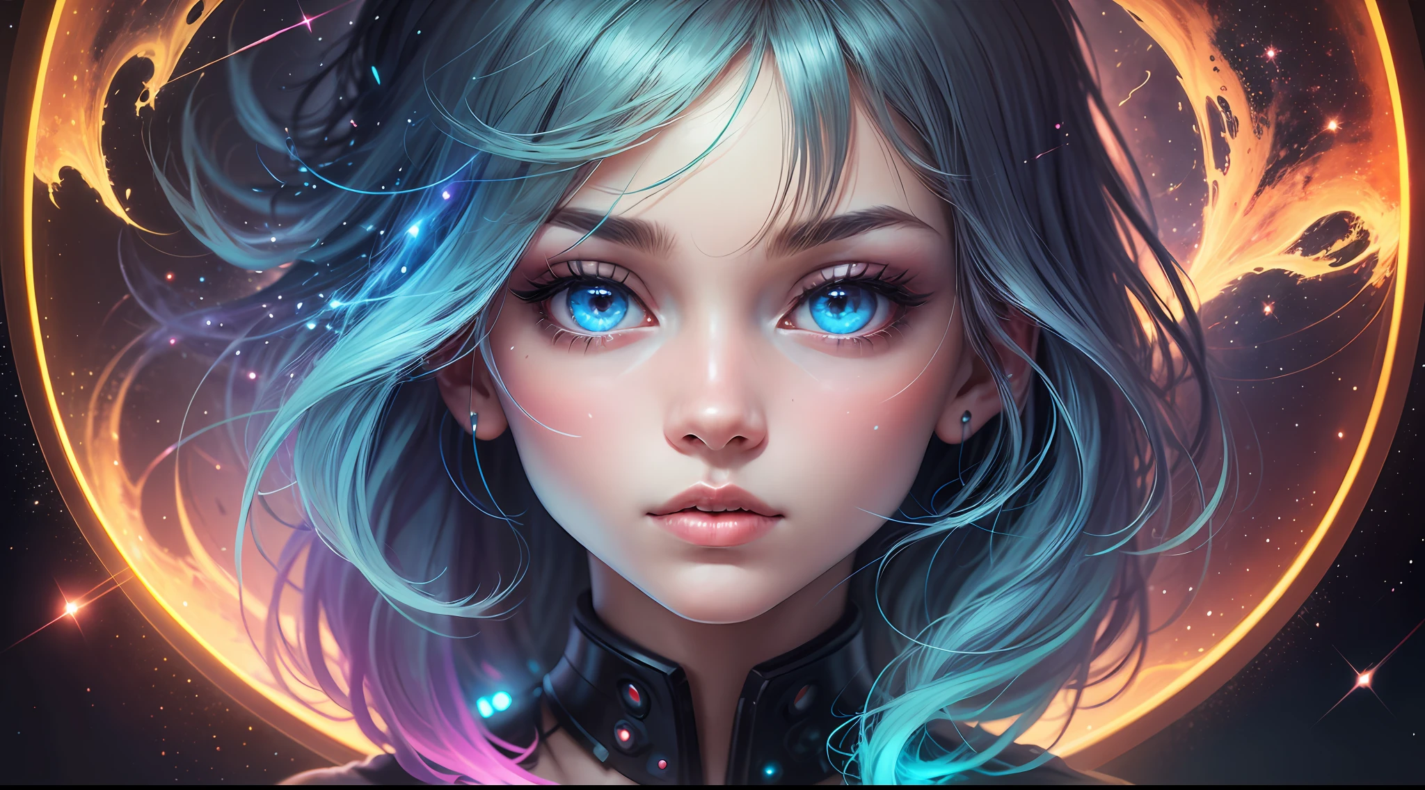 girl,radioactive glow,abstract art,character focus,eyes with reflection,starry sky,galaxies