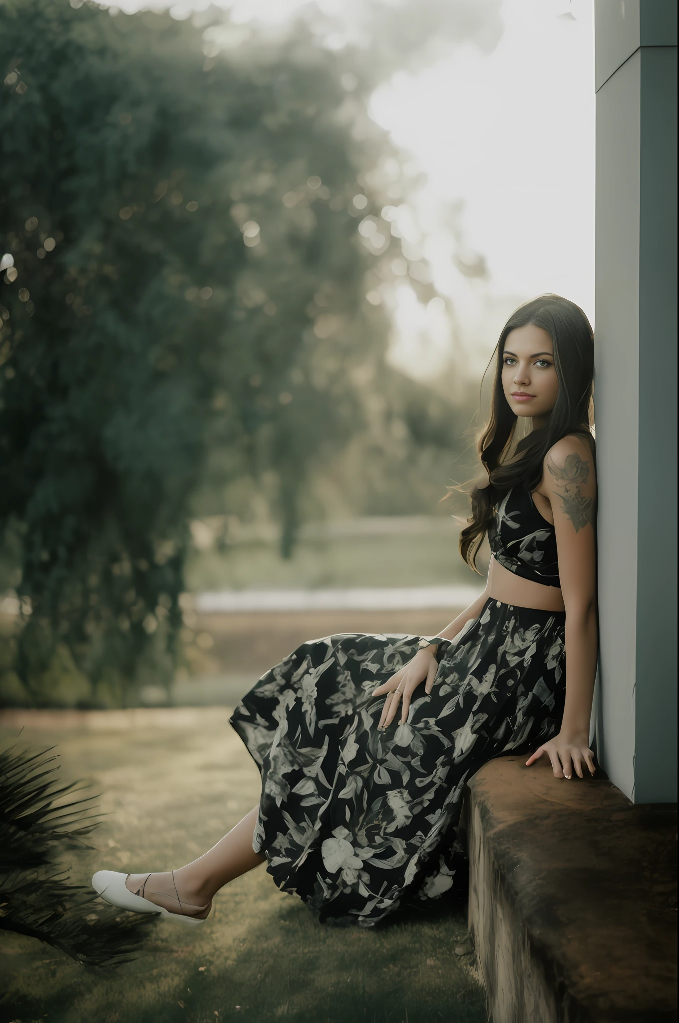 There is a blonde woman sitting on a ledge in a white dress, portrait 7 0 mm, portrait 60mm, portrait photograph house, portrait 50mm, portrait mid shot, 1 3 5 mm portrait nikon, photography modeling, 50 mm lens portrait photo, portrait photo, casual pose, girl sitting on a roof, leaning against the wall, photorealistic, golden hour, rays of sun, White flowers in the background, hair well lit by the sun, blue eyes, 4K --auto