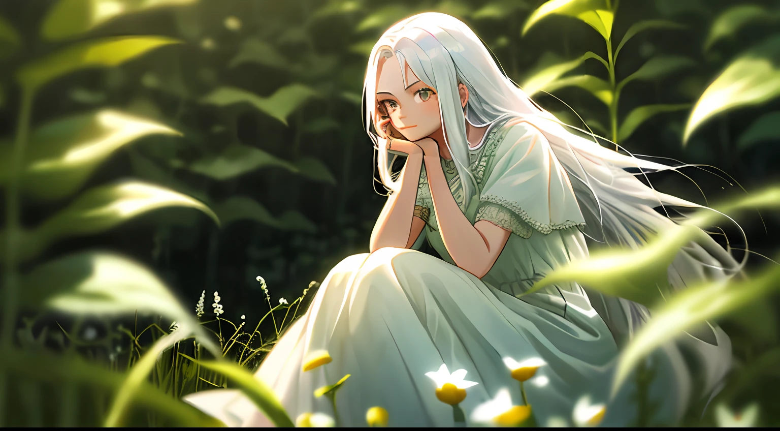 (masterpiece, best quality),1girl with long white hair sitting in a field of green plants and flowers, her hand under her chin, warm lighting, white dress, blurry foreground