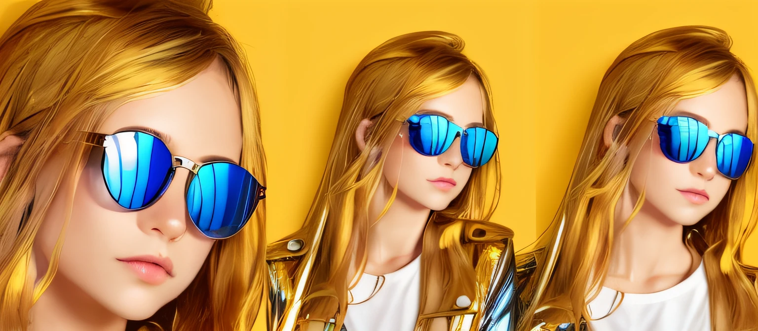 there are three pictures of a girl with sunglasses on, futuristic glasses lenses, with sunglass, mirror shades, with mirrorshades sunglasses, futuristic sunglasses, next gen, futuristic yellow lens, futurisitc sunglasses, wearing mirrored sunglasses, futuristic, with sunglasses, kids, wearing gold glasses, wearing cool sunglasses, glossy shiny reflective, designer sunglasses, cool sunglasses